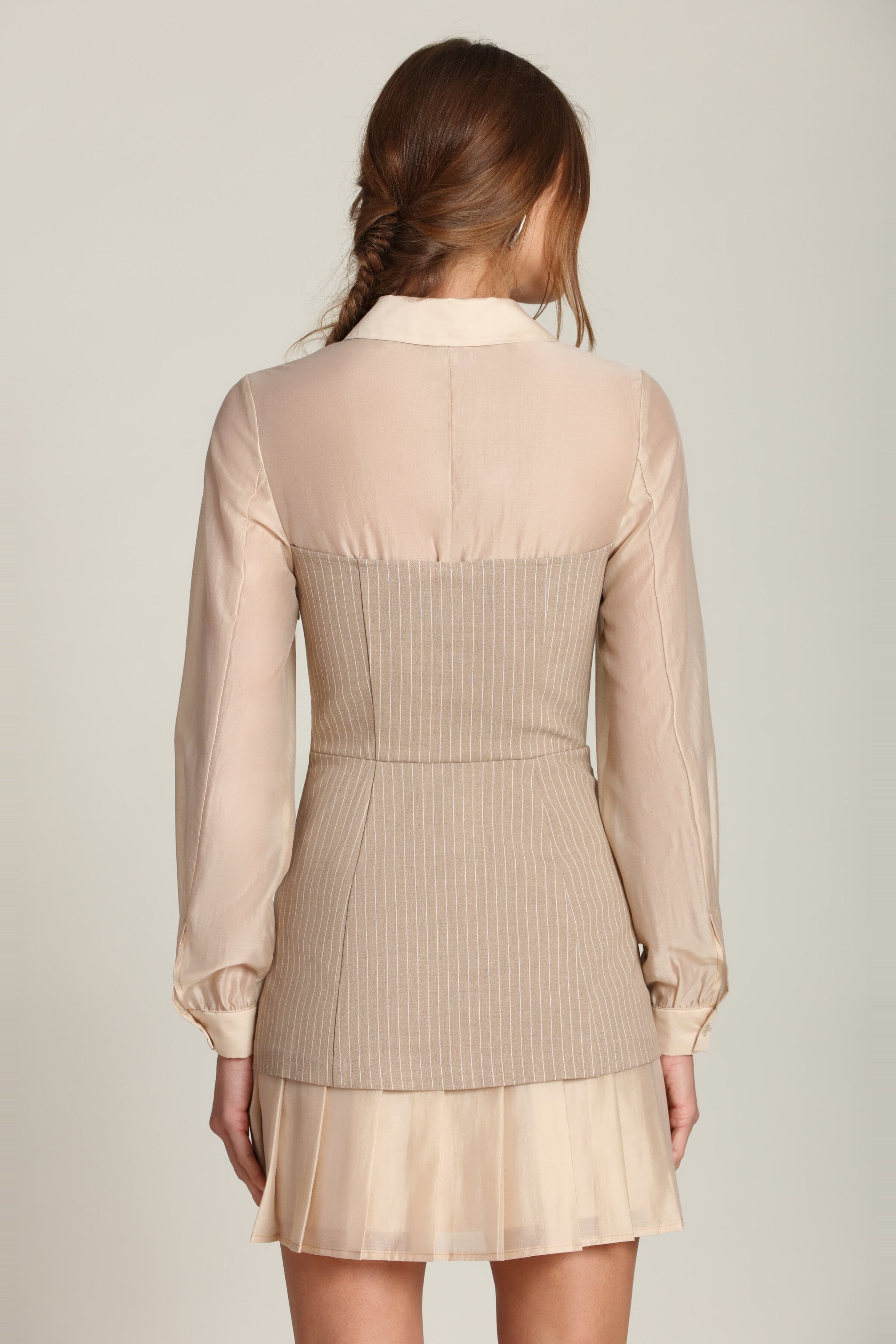 Pinstripe Organza Mixed Media khaki mini shirtdress with sheer long sleeves and a classic collar - Cute mini dresses by Avec Les Filles