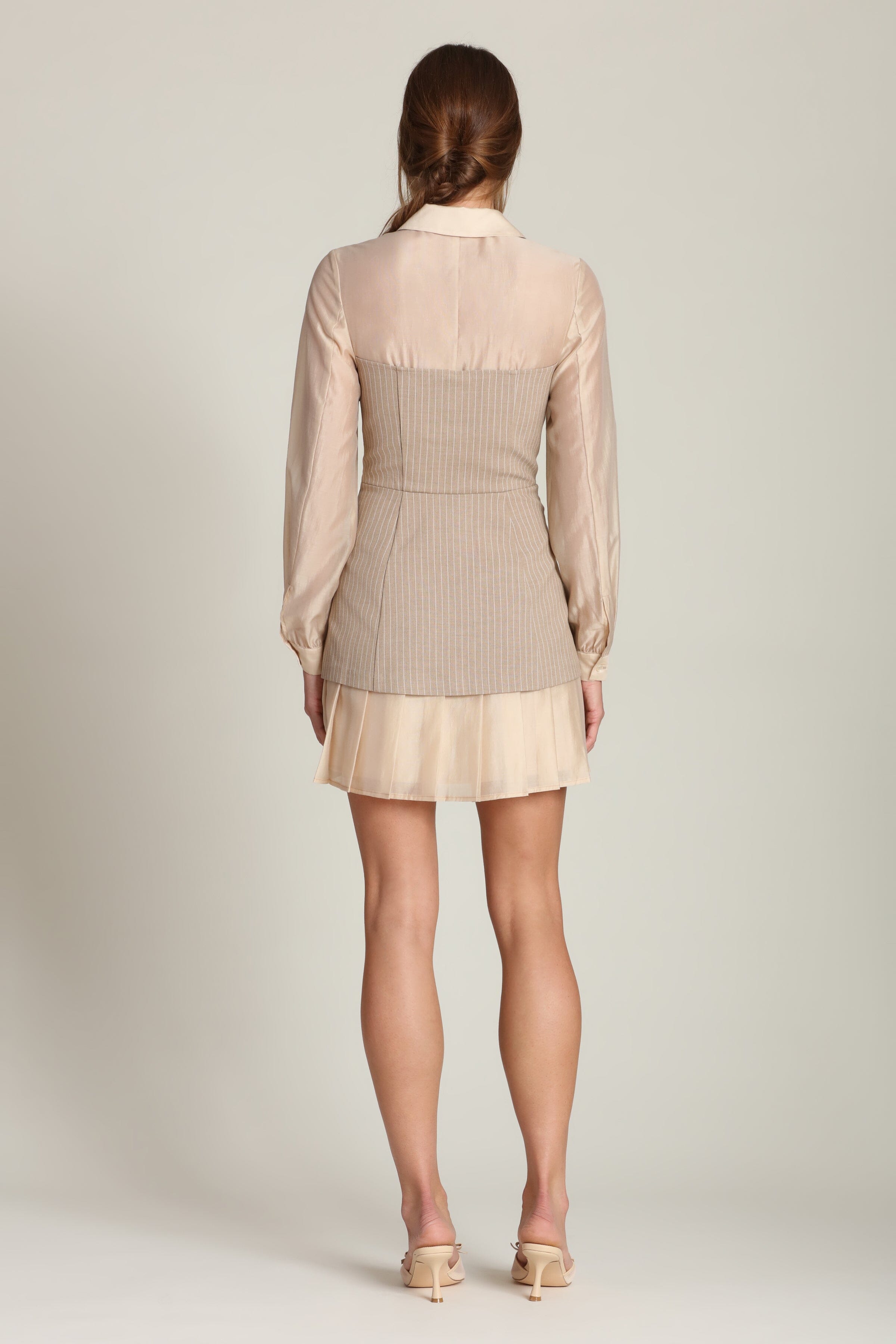 Pinstripe Organza Mixed Media khaki mini shirtdress with sheer long sleeves and a classic collar by Avec Les Filles