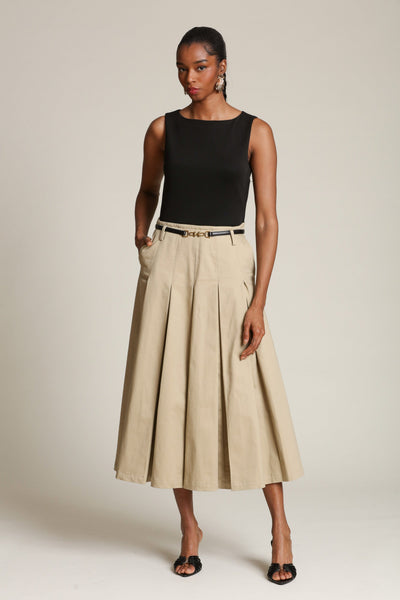 khaki brown dress Mixed Media Pleated Midi Dress