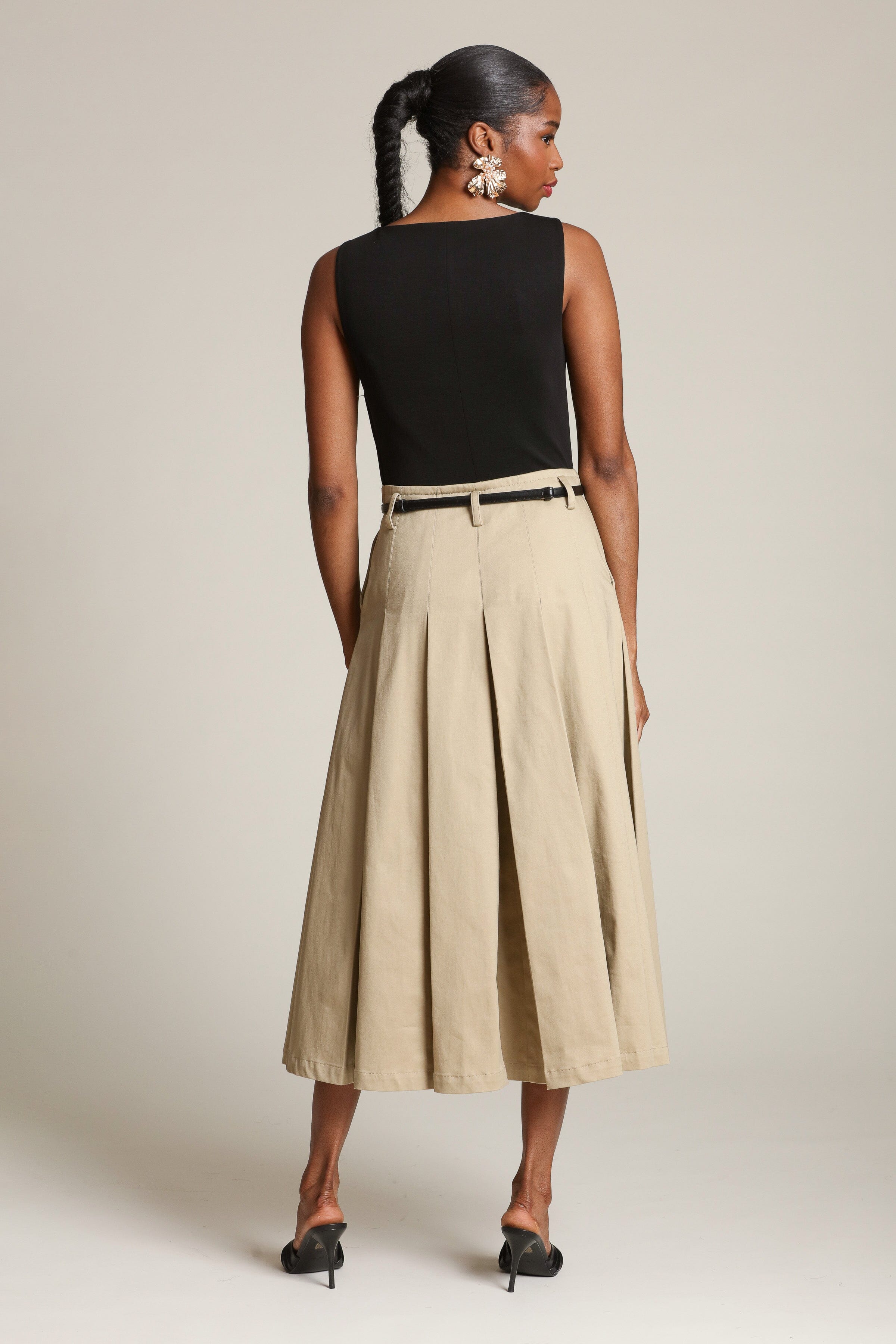 Mixed Media pleated black & khaki midi dress with removable faux leather belt and Pleated midi skirt by Avec Les Filles