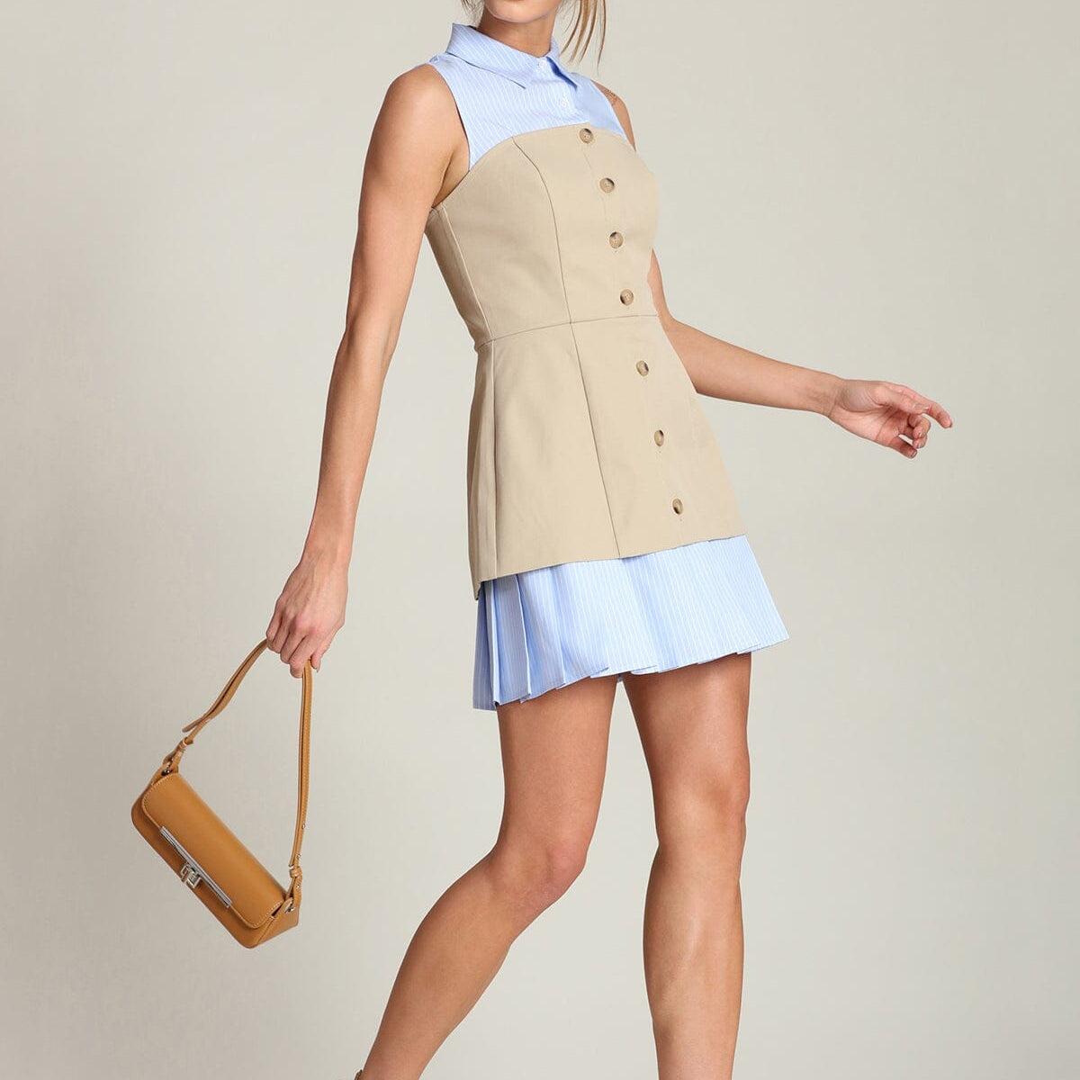 Avec Les Filles Sleeveless Vest Twofer Dress - Khaki/Blue Stripe - 10 Avec Les Filles Sleeveless Vest Twofer Dress - Khaki/Blue Stripe - 10