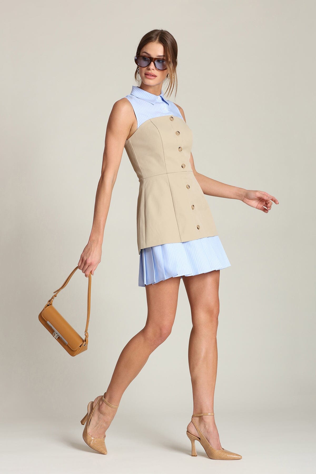 Mixed-media khaki and blue stripe pinstripe pleated mini dress with a point collar and sleeveless design - Shop women's designer mini dresses by Avec Les Filles
