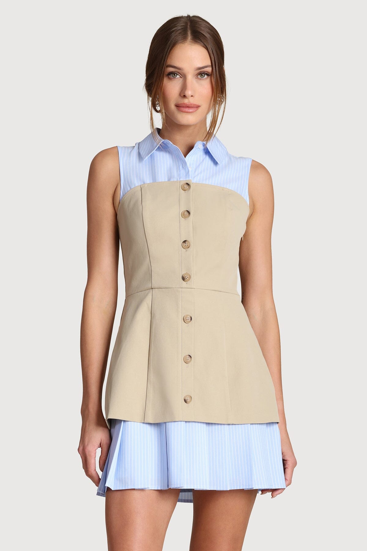 Mixed-media khaki and blue stripe pinstripe pleated mini dress with a point collar and sleeveless design - Shop women's designer mini dresses by Avec Les Filles