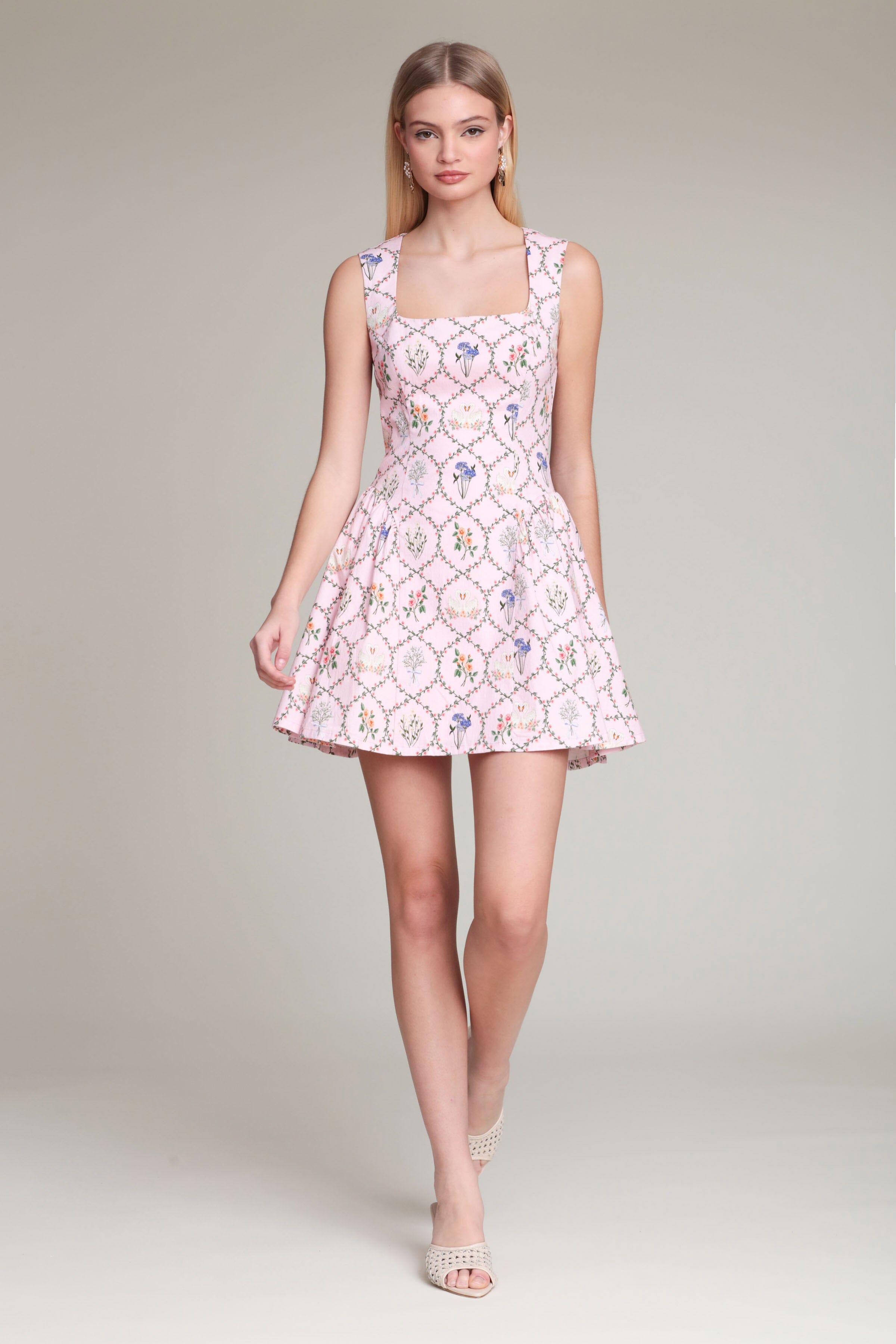 Floral Cotton Square Neck Pink Mini Dress Floral Cotton Square Neck Pink Mini Dress
