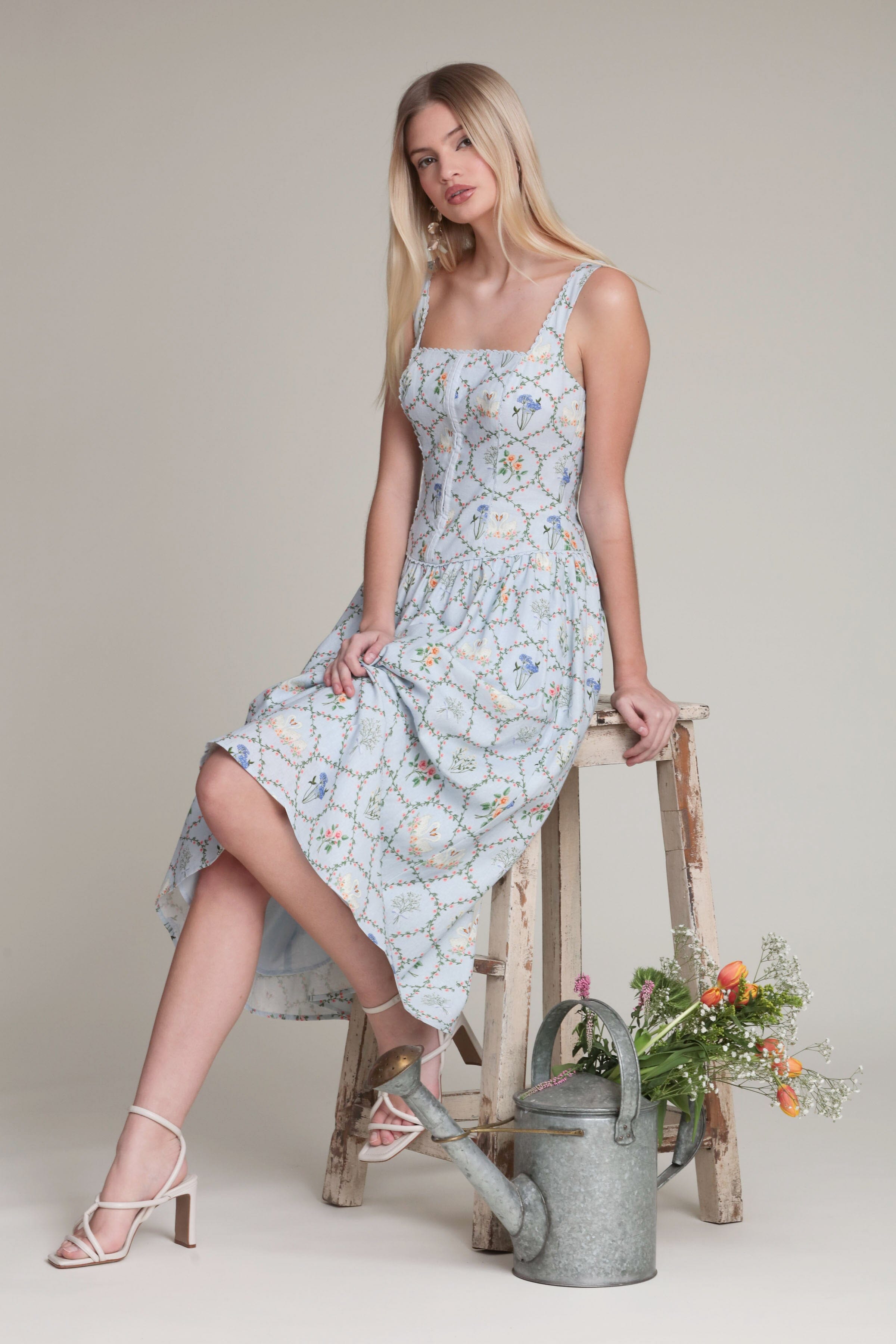 Floral Lattice Linen Blend Blue Midi Dress