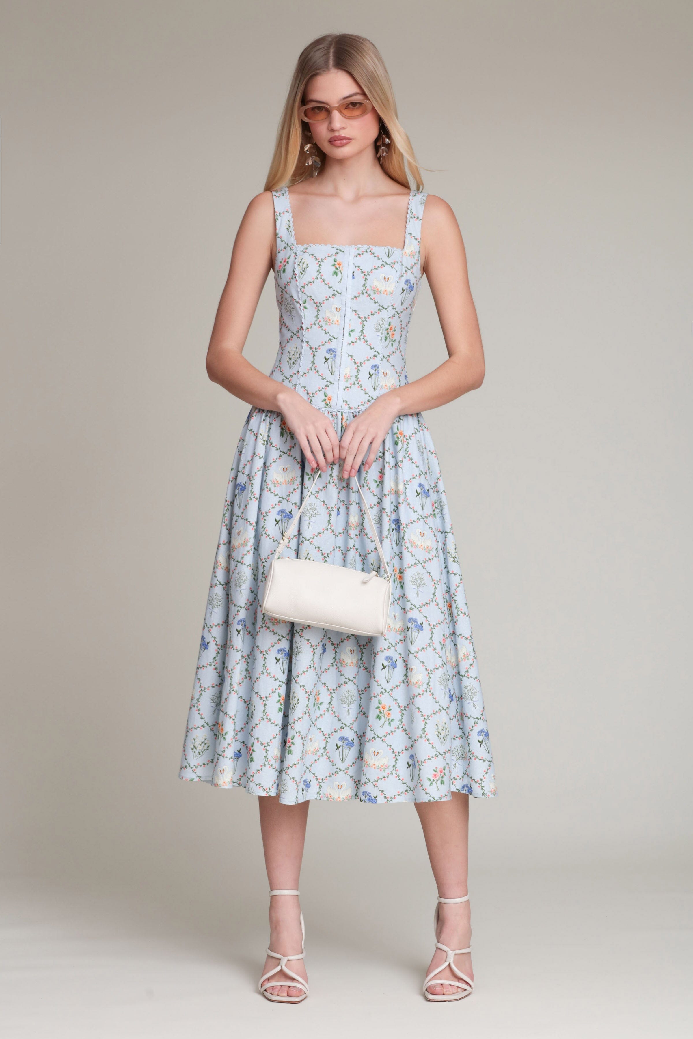 Floral lattice blue midi dress with adjustable shoulder straps - Shop women's midi dresses by Avec Les Filles