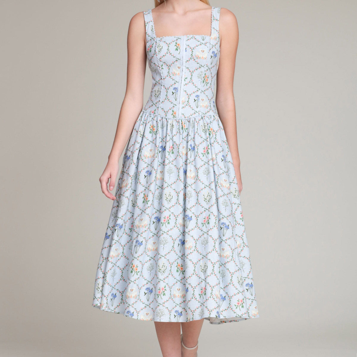 Floral Lattice Linen Blend Blue Midi Dress Floral Lattice Linen Blend Blue Midi Dress