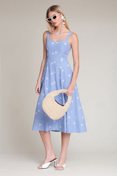 Embroidered Blue Stripe Floral Midi Dress Embroidered Blue Stripe Floral Midi Dress