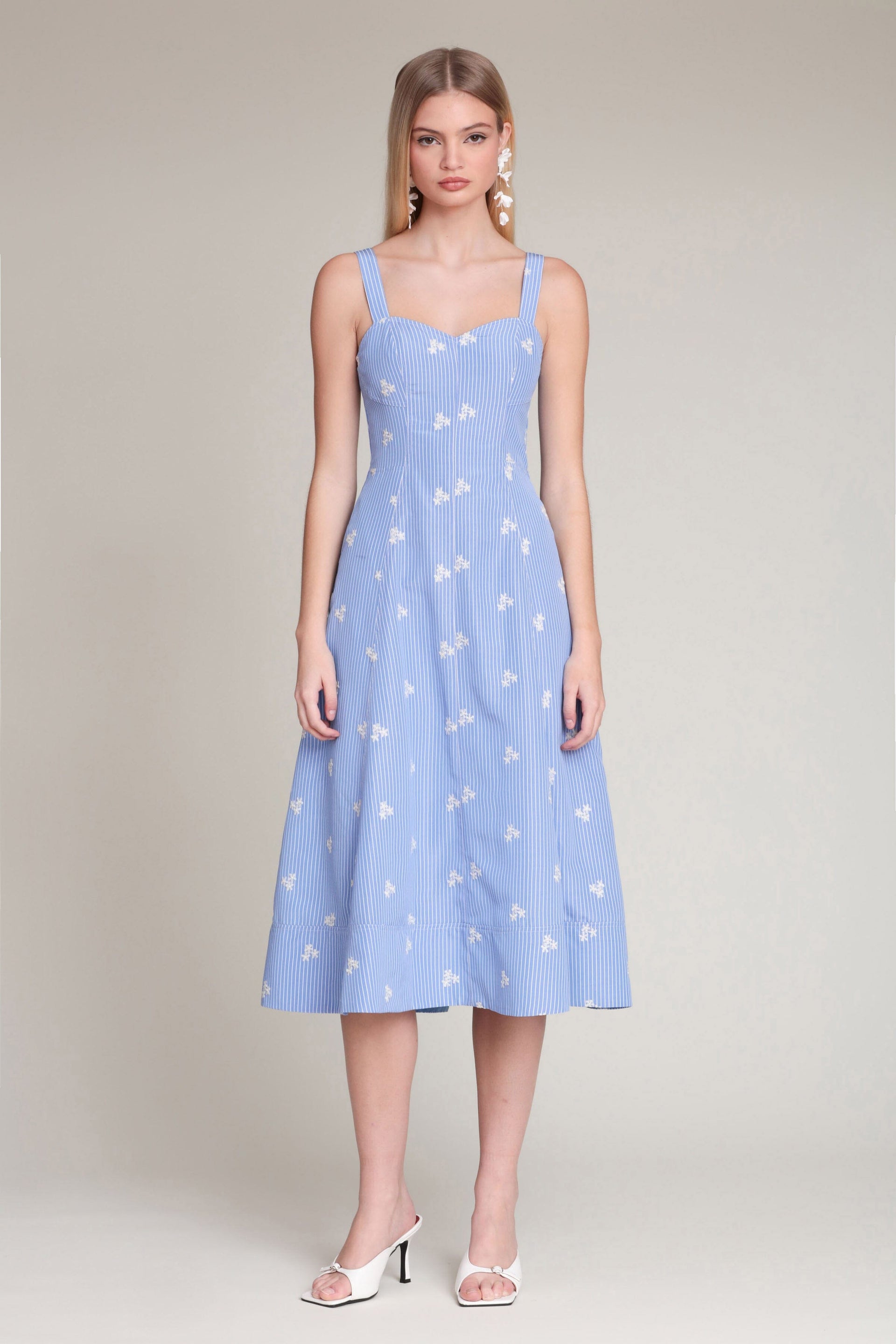 sweetheart sleeveless midi dress in stripe Embroidered Stripe Midi Dress