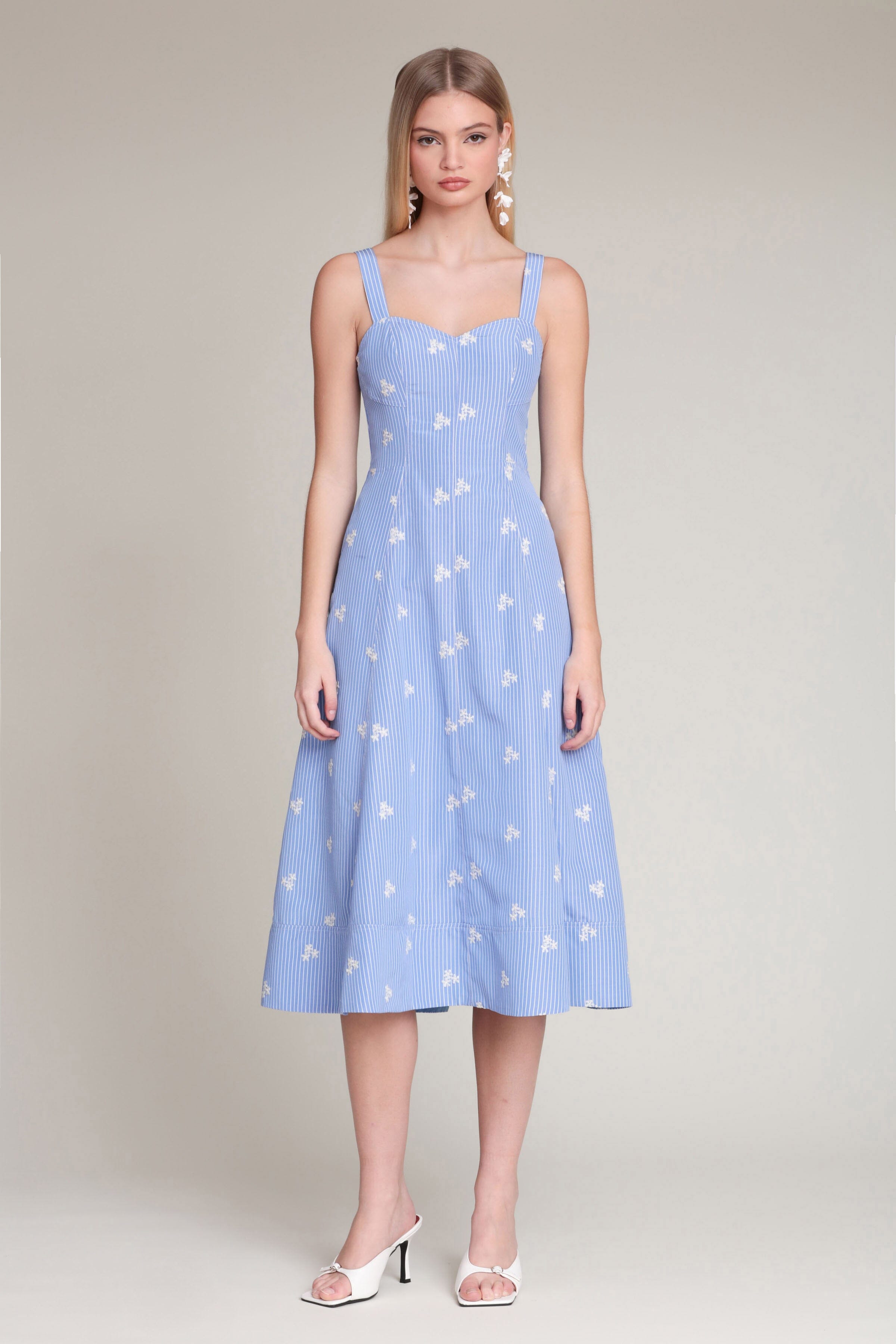 Embroidered blue stripe floral midi dress with a sweetheart neckline and adjustable shoulder straps by Avec Les Filles