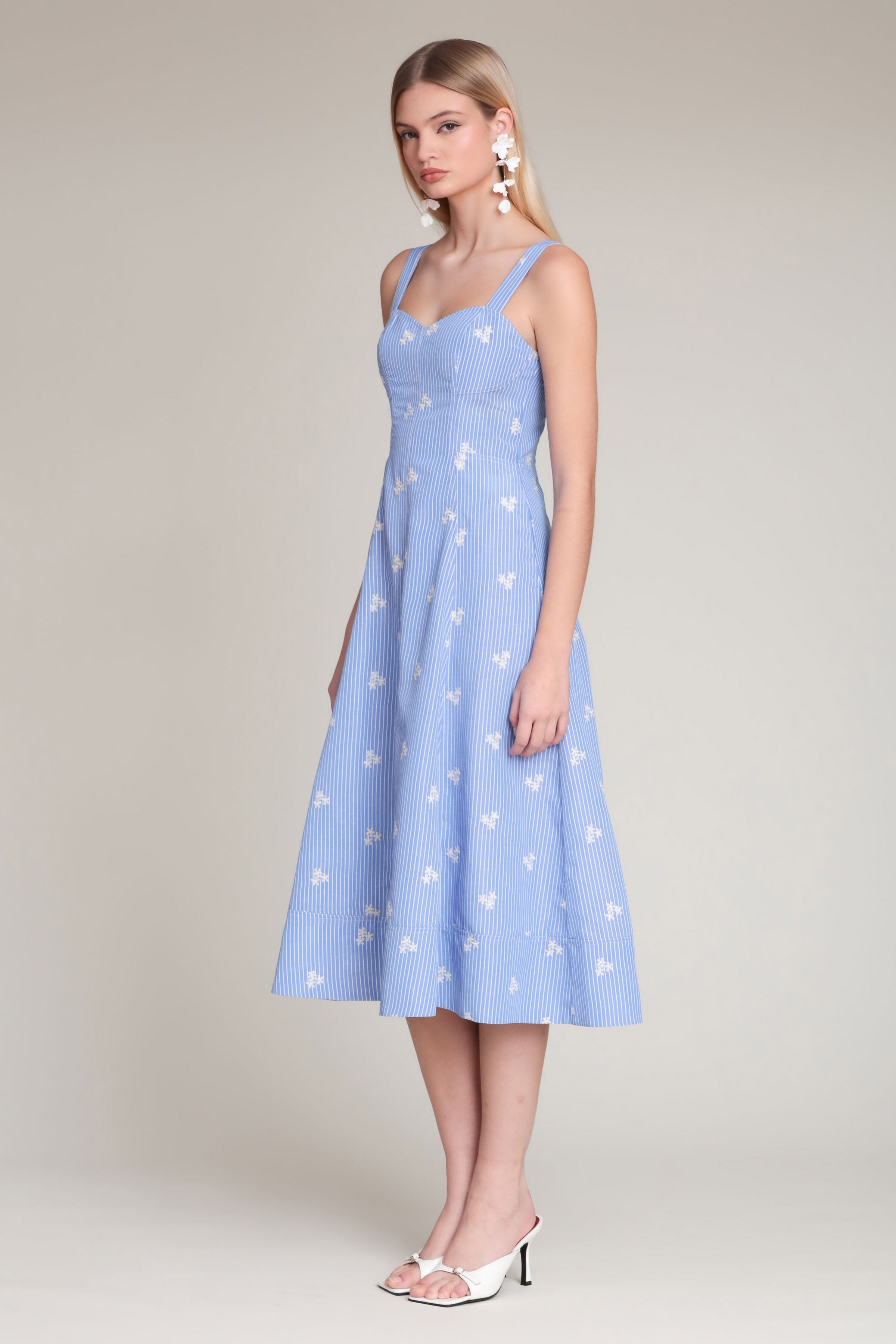 Embroidered blue stripe floral midi dress with a sweetheart neckline and adjustable shoulder straps - Designer women's midi dresses by Avec Les Filles