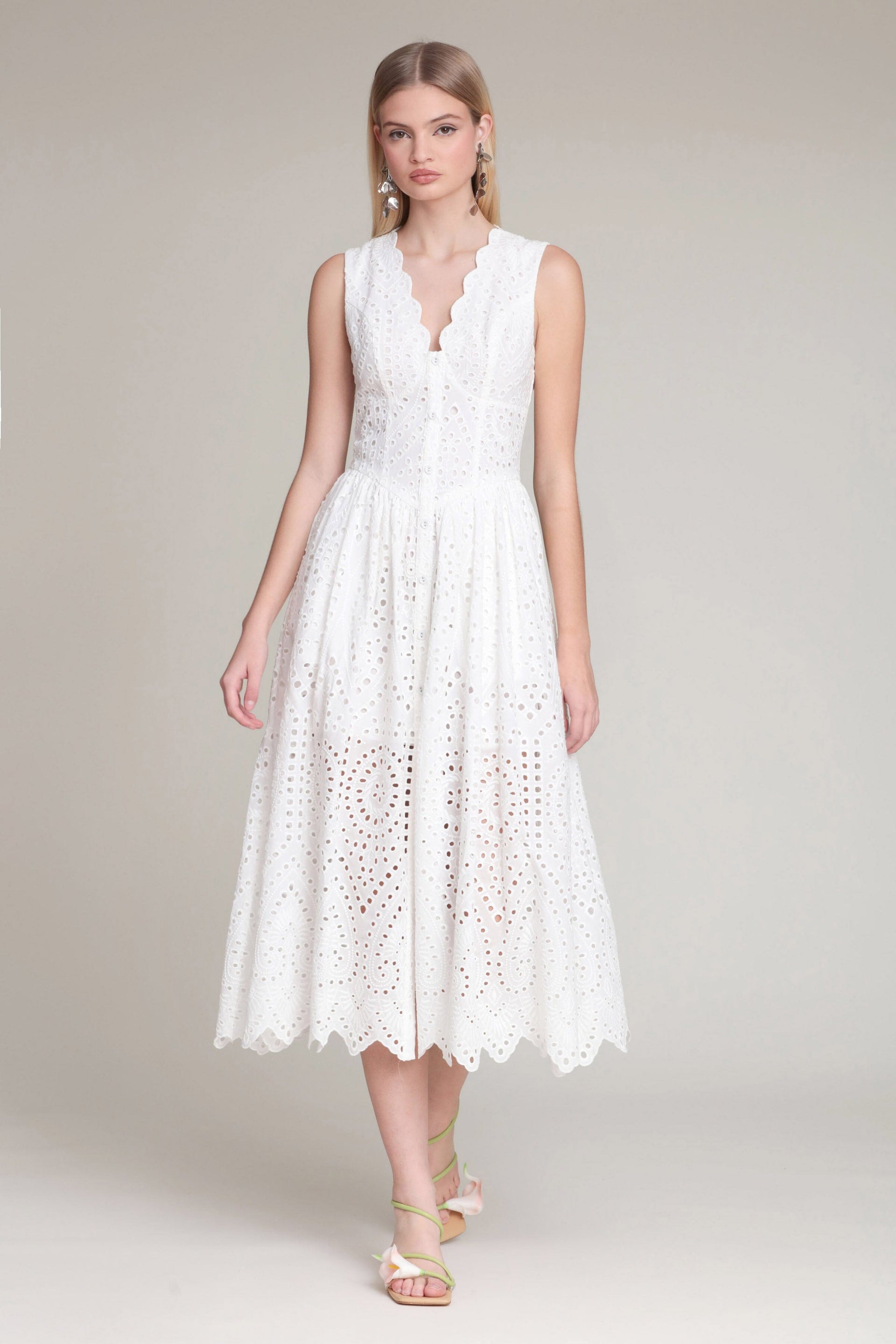 white cotton and lace dress Broderie Anglaise Cotton Eyelet White Midi Dress