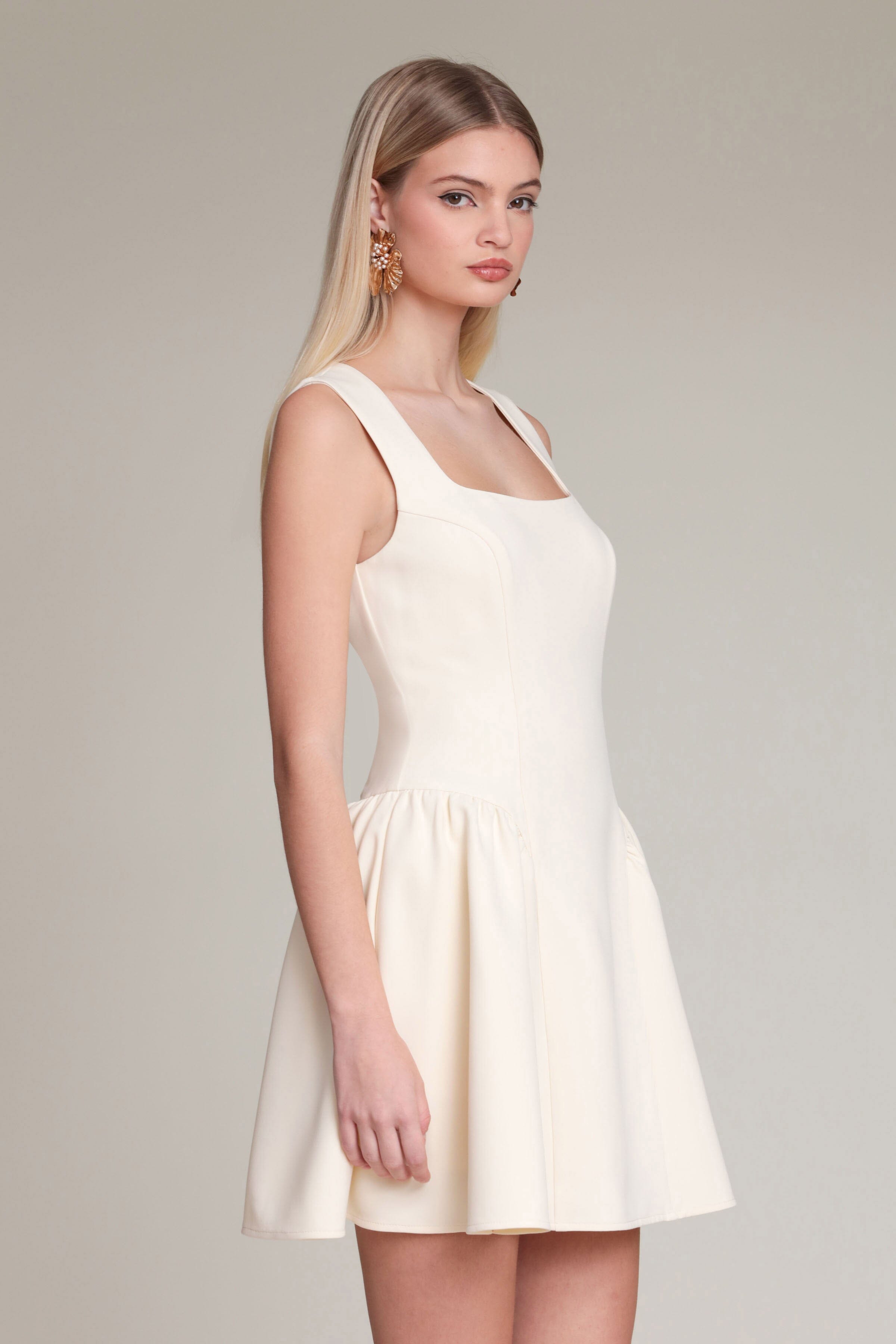 Ivory mini dress with wide shoulder straps and a flared skirt - Shop cute women’s mini dresses by Avec Les Filles
