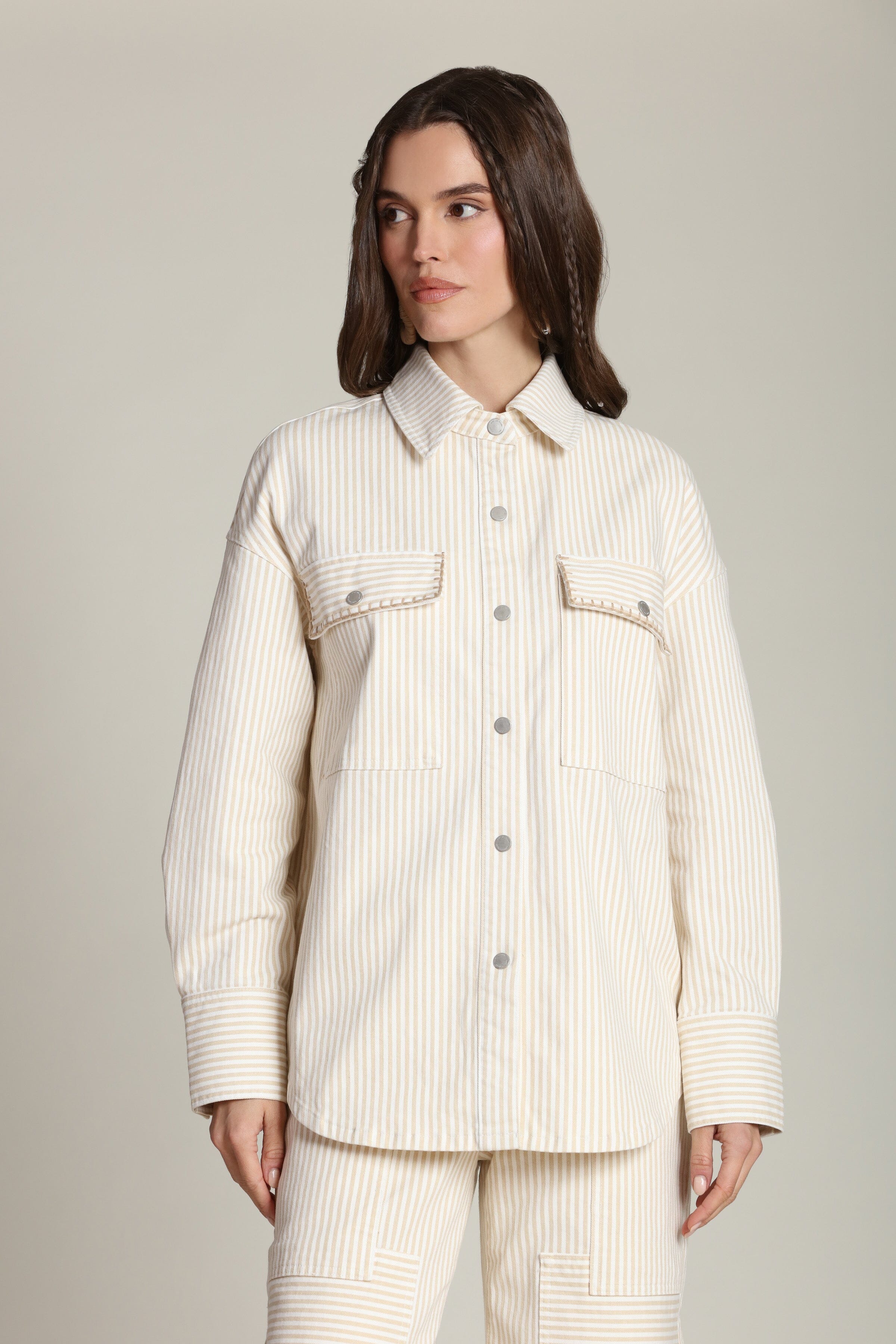 Avec Les Filles Oversized Shirt - Beige White Stripe - M Avec Les Filles Oversized Shirt - Beige White Stripe - M