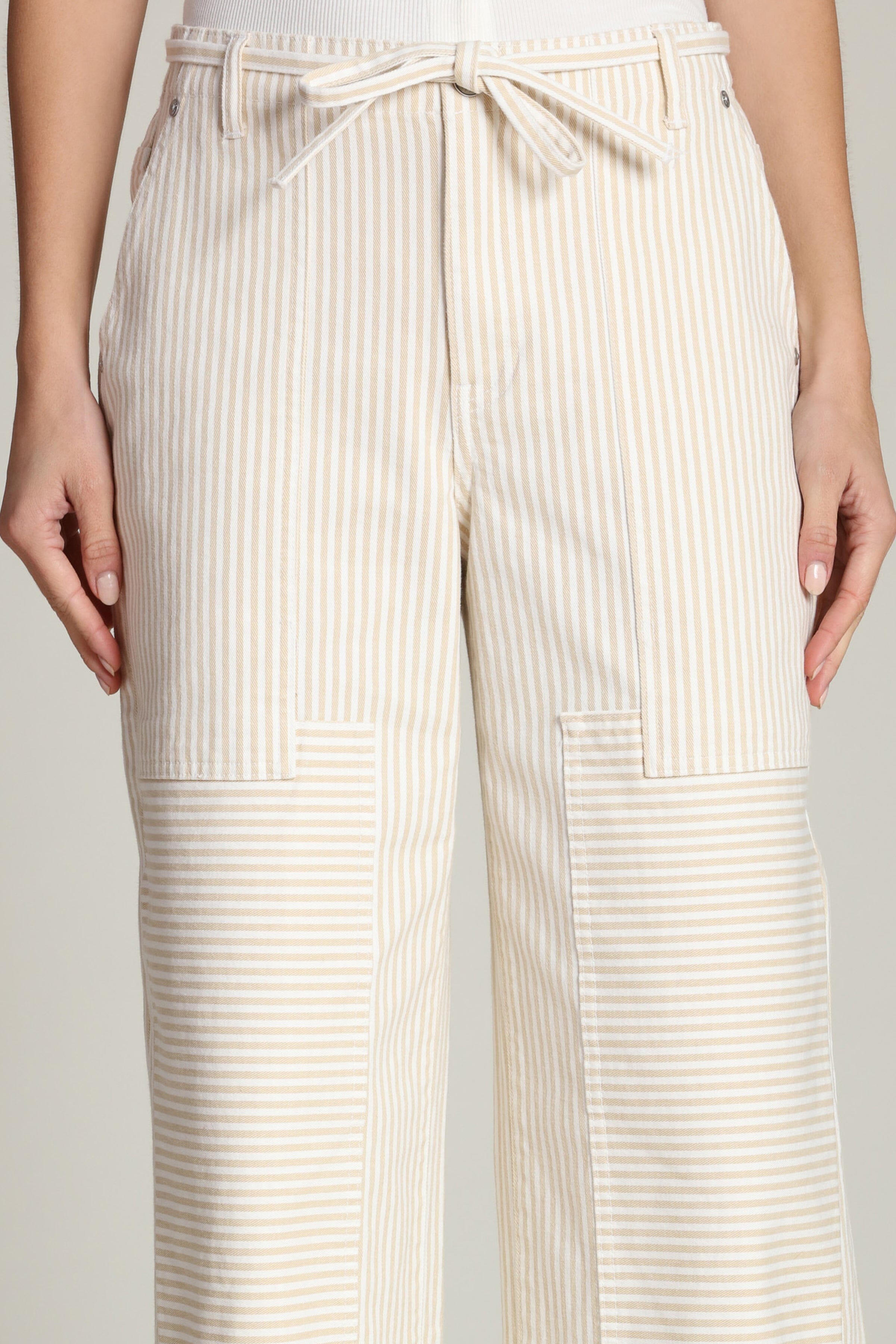 Striped cotton convertible wide-leg beige pant with adjustable tie and patch pockets - Shop designer women's pants by Avec Les Filles