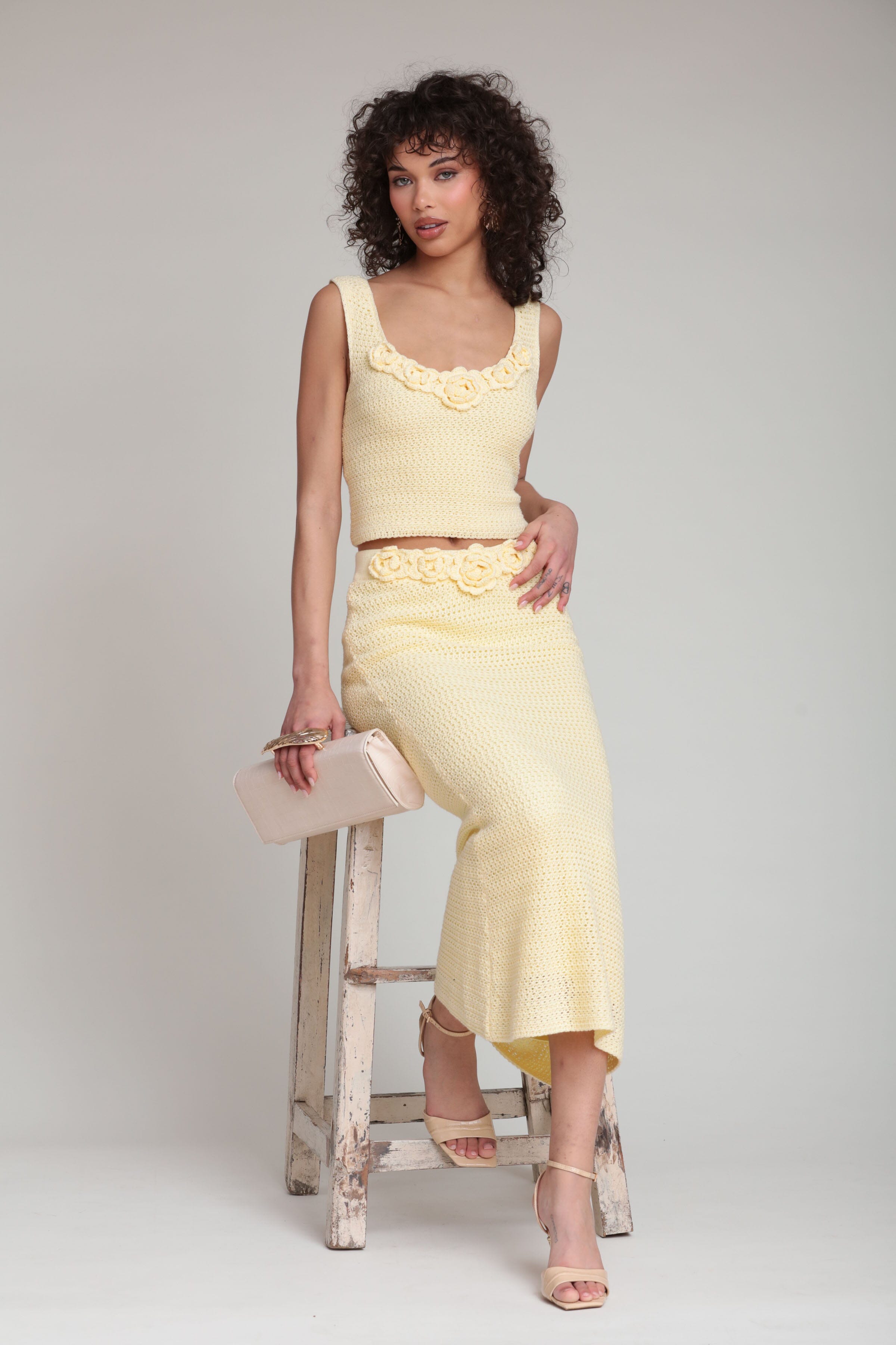 Cotton-blend rosette butter yellow skirt with yellow tank top - Shop women's crochet skirts by Avec Les Filles