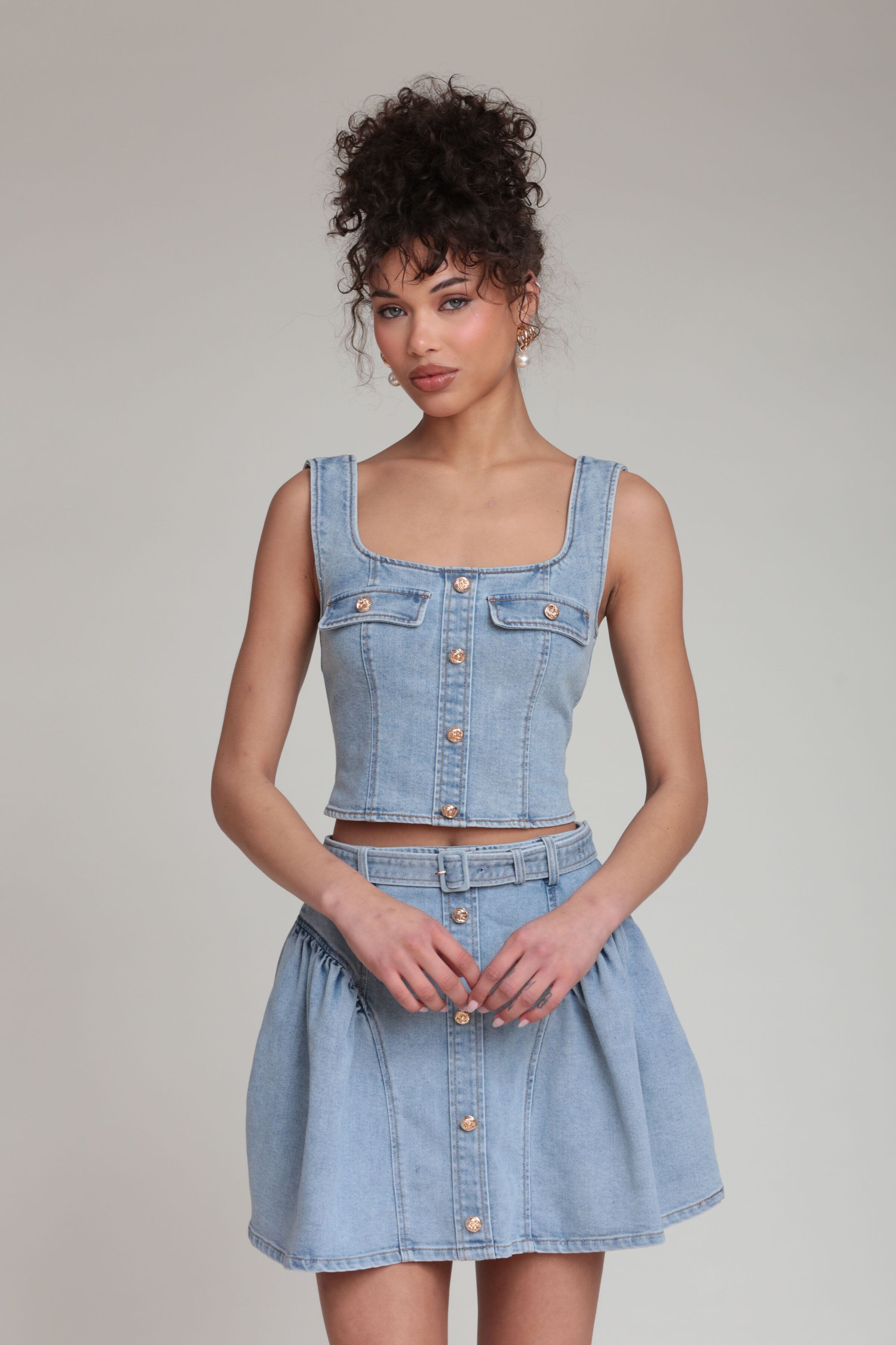 Indigo denim corset bustier top with denim mini skirt - Shop women's denim tops and mini skirts by Avec Les Filles