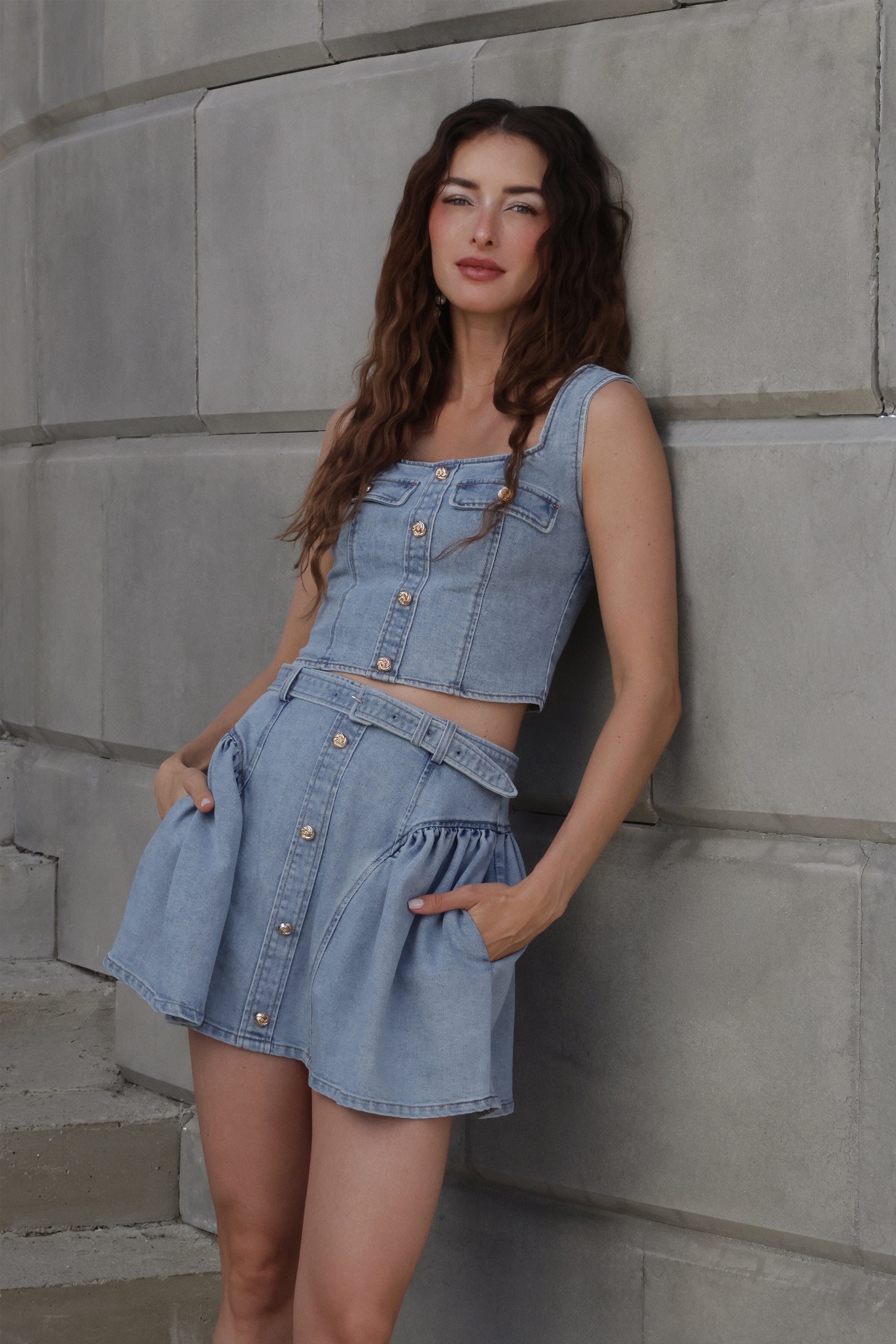 Stretch bustier indigo denim tank top with denim mini skirt - Shop women's denim tops and mini skirts by Avec Les Filles