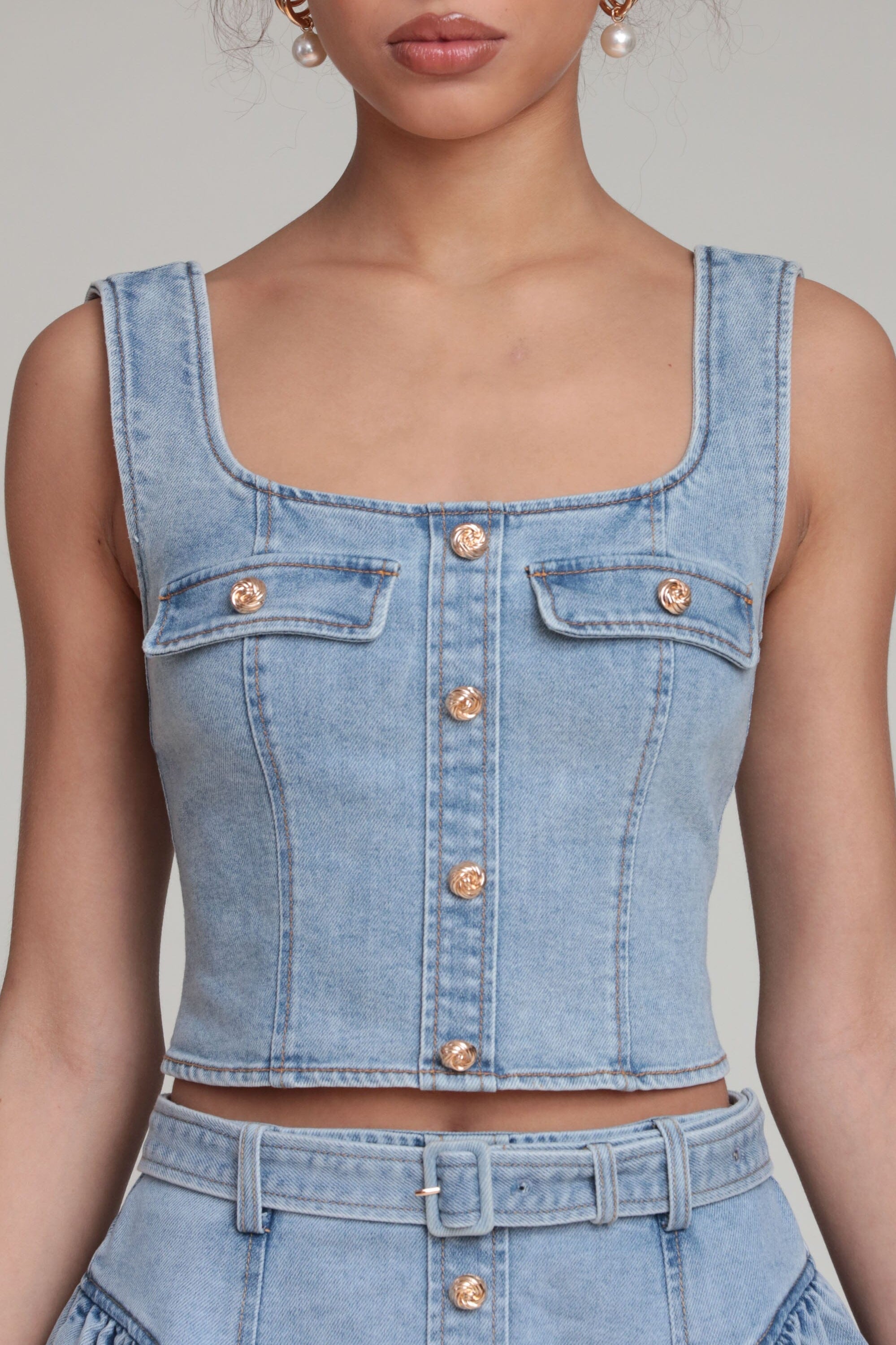 Stretch bustier indigo denim tank top with scoop neck and wide shoulder straps by Avec Les Filles