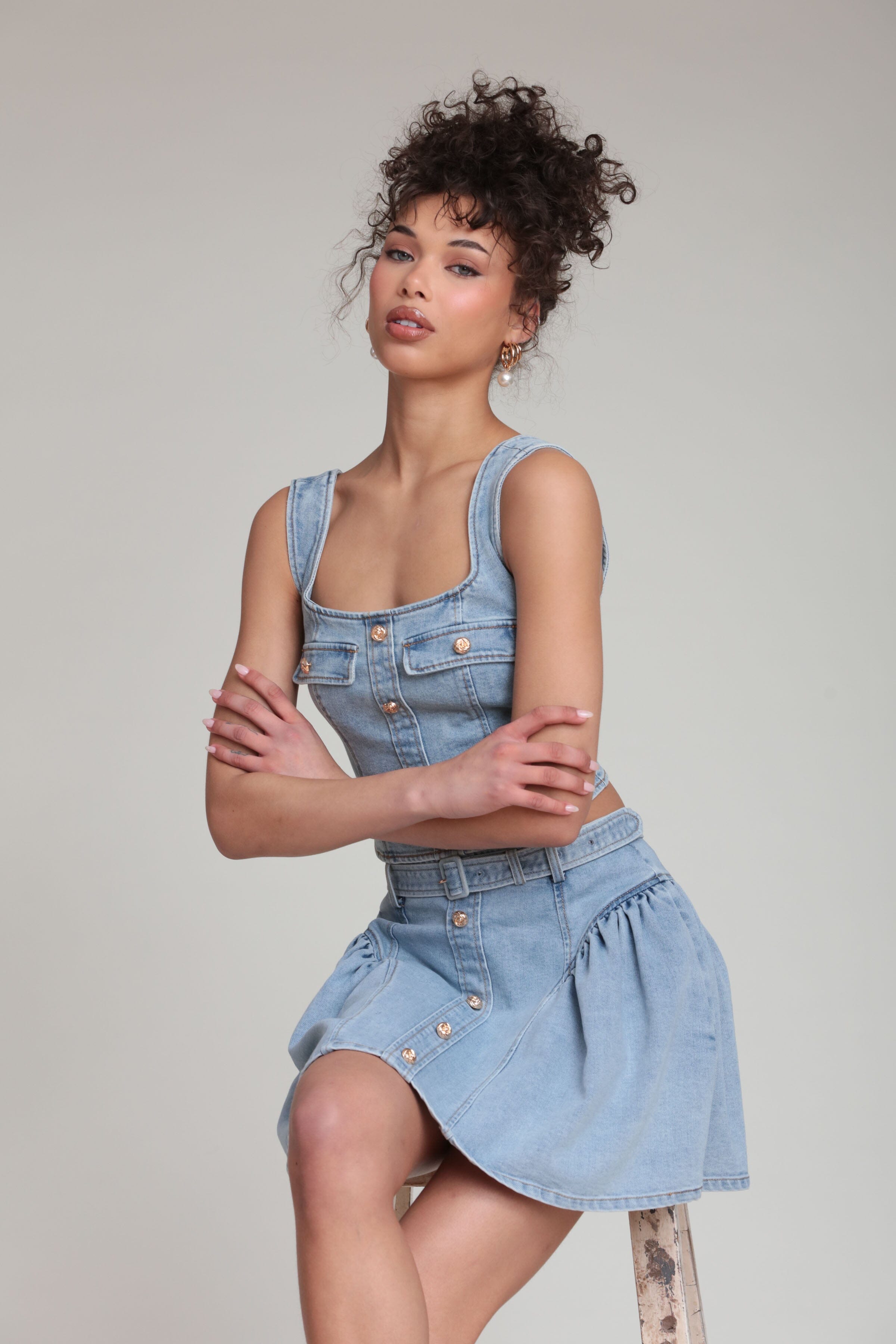 Indigo denim bustier top with denim mini skirt - Shop women's denim tops and mini skirts by Avec Les Filles
