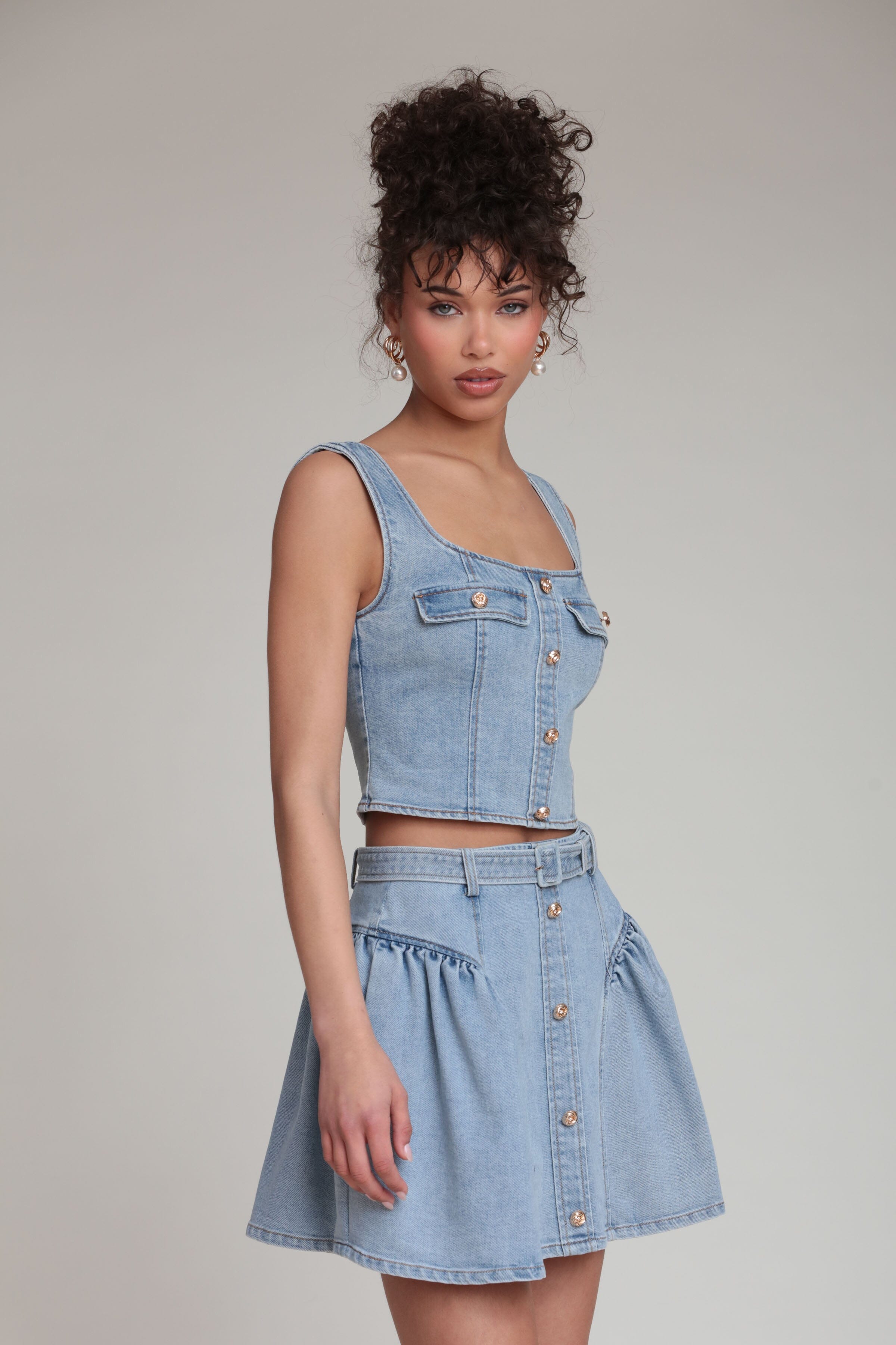 Stretch indigo denim bustier top with denim mini skirt - Shop women's denim tops and mini skirts by Avec Les Filles