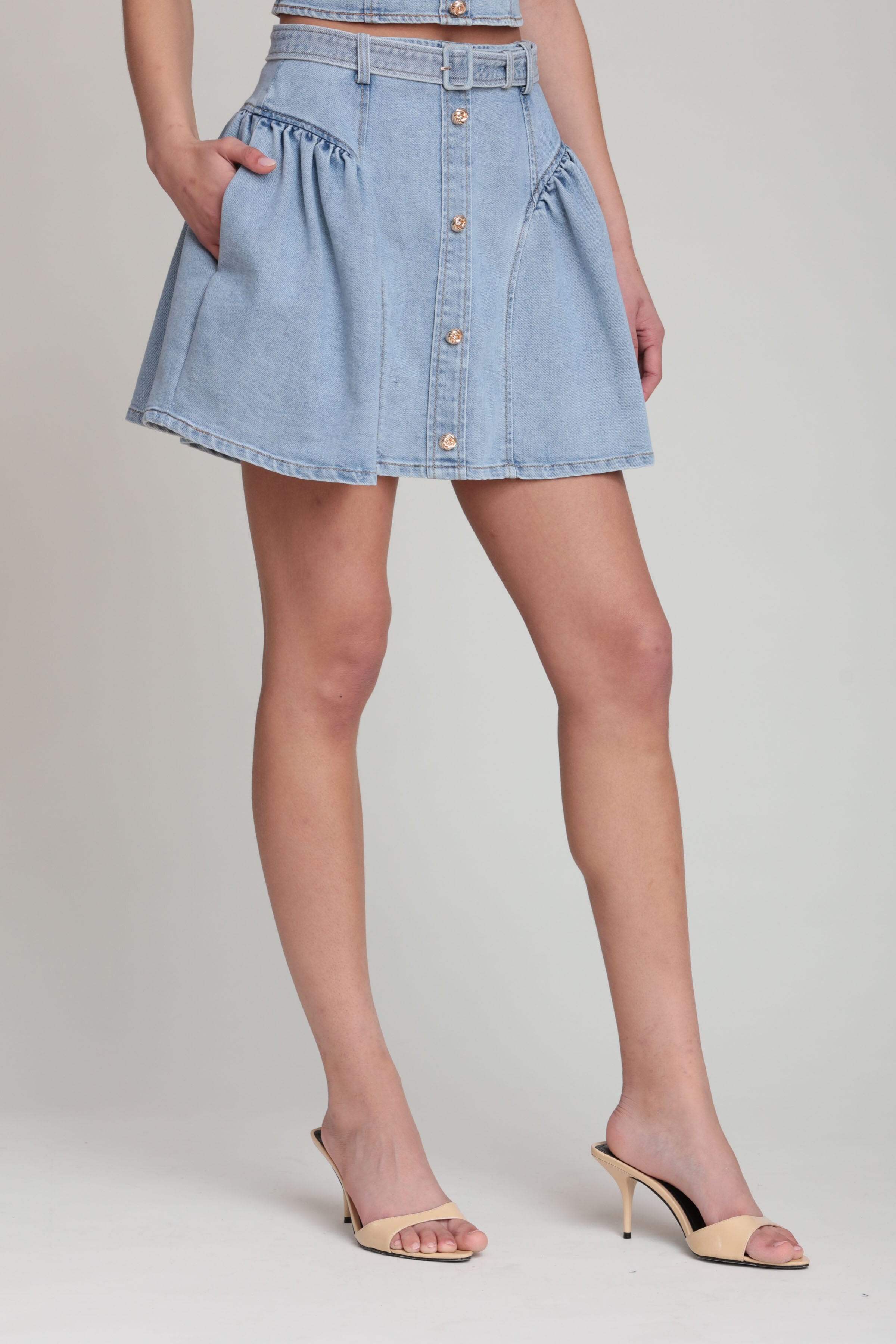 Light blue denim mini skirt in cotton blend with removable belt - Shop women's cute mini skirts by Avec Les Filles