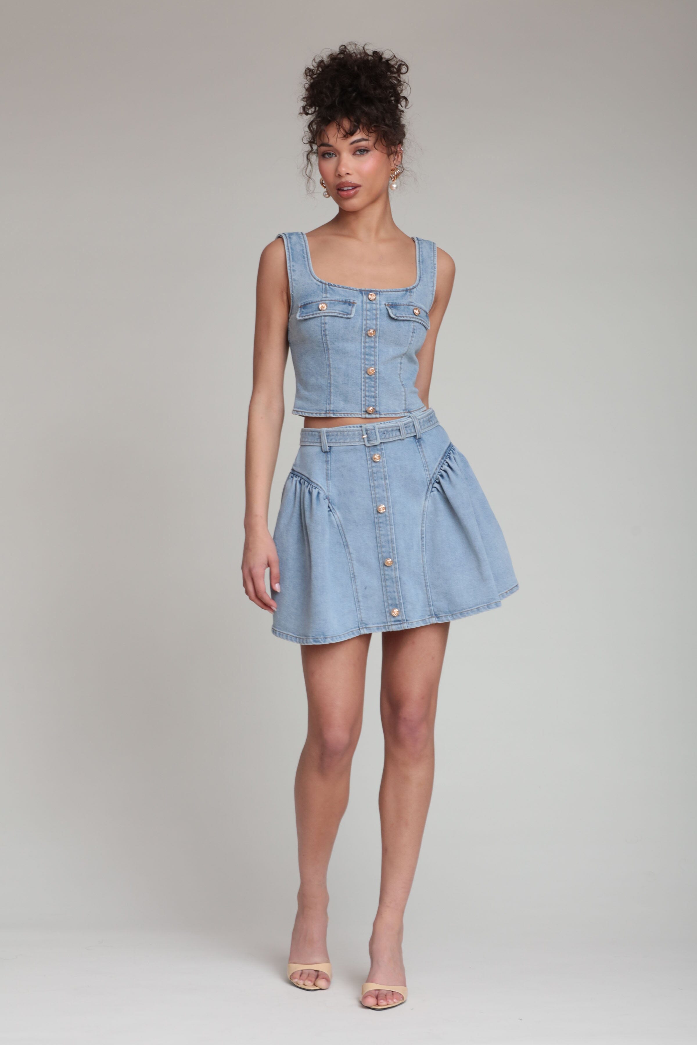 Stretch indigo denim mini skirt with denim bustier top - Shop women's cute denim tops and mini skirts by Avec Les Filles