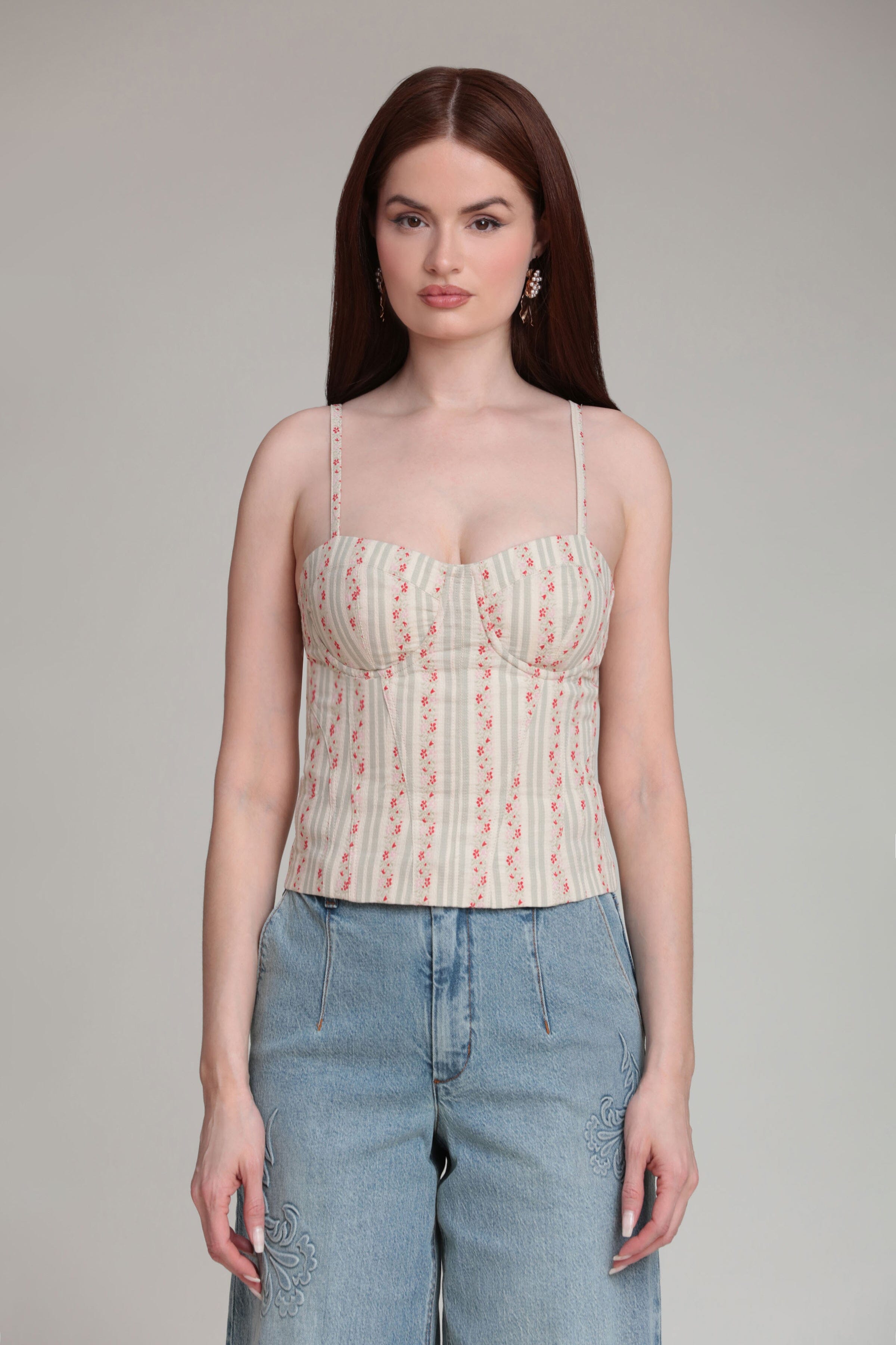 Multicolor stripe cotton floral top with adjustable spaghetti straps - women's cute cotton tops by Avec Les Filles