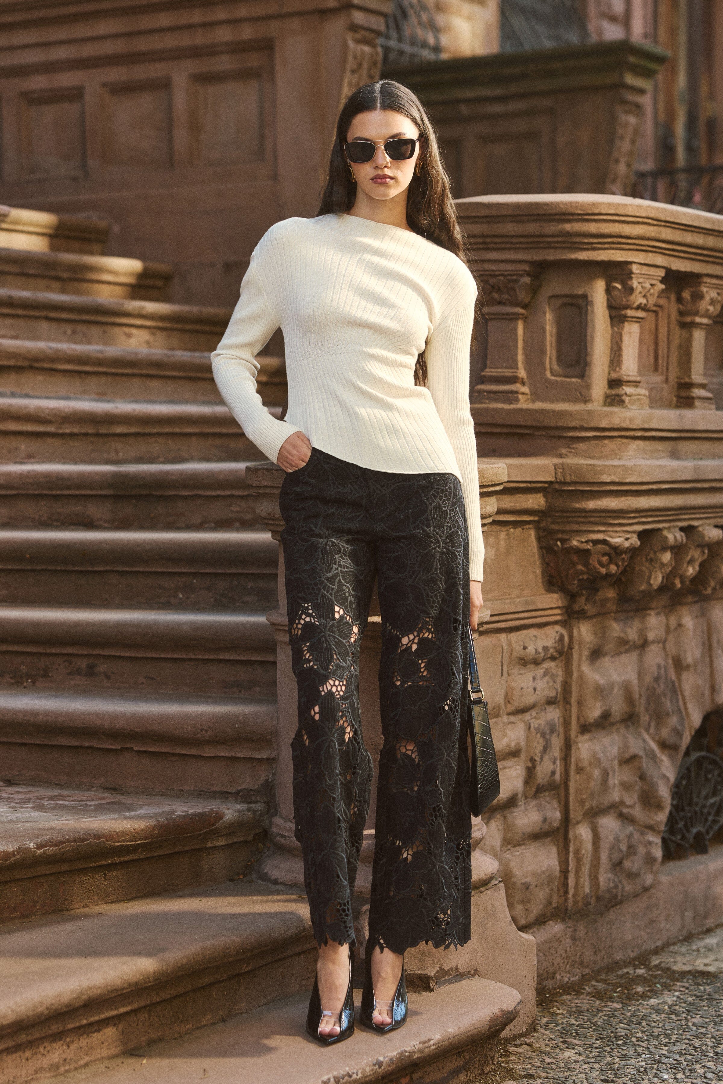 Guipure wide leg black denim jeans in 100% cotton - Shop women’s designer pants by Avec Les Filles.