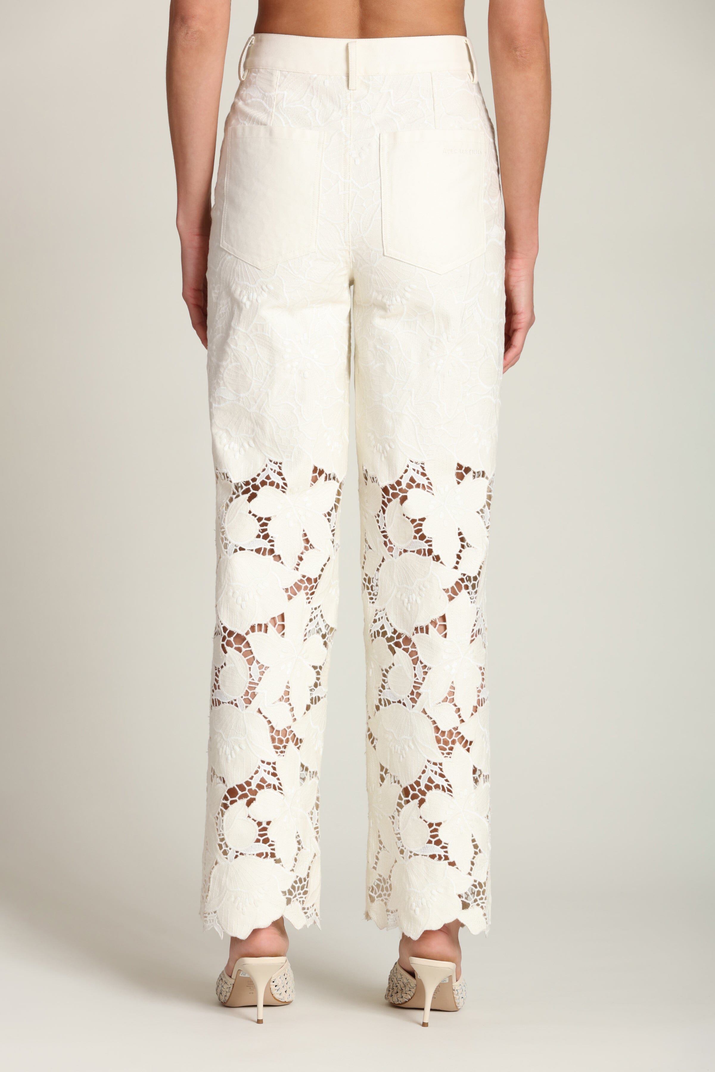 Floral embroidered cutout guipure lace off white wide leg pants - Shop women’s pants by Avec Les Filles