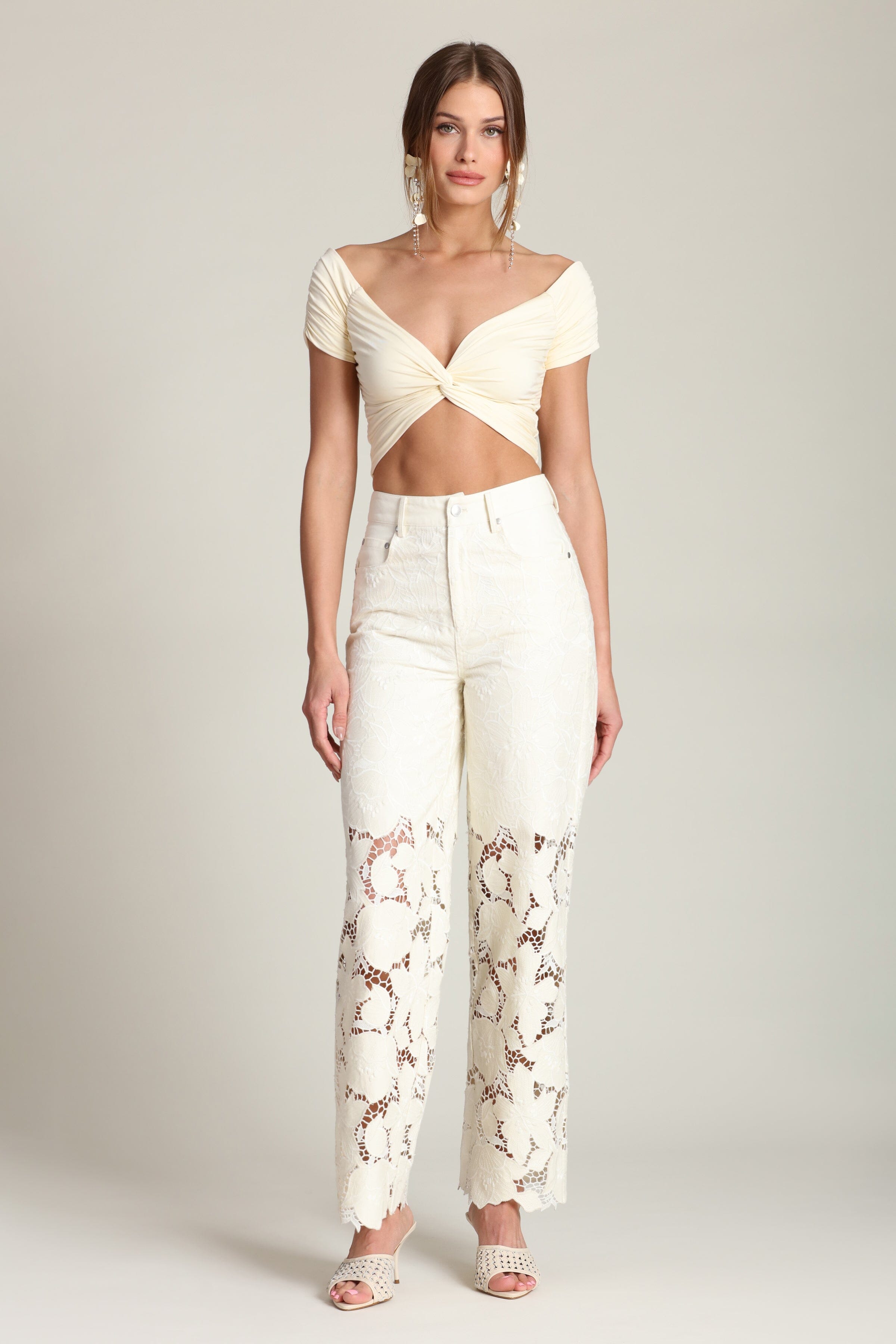 Pant embroidered cutout floral guipure lace off-white wide leg pants - Shop women’s cute pants by Avec Les Filles