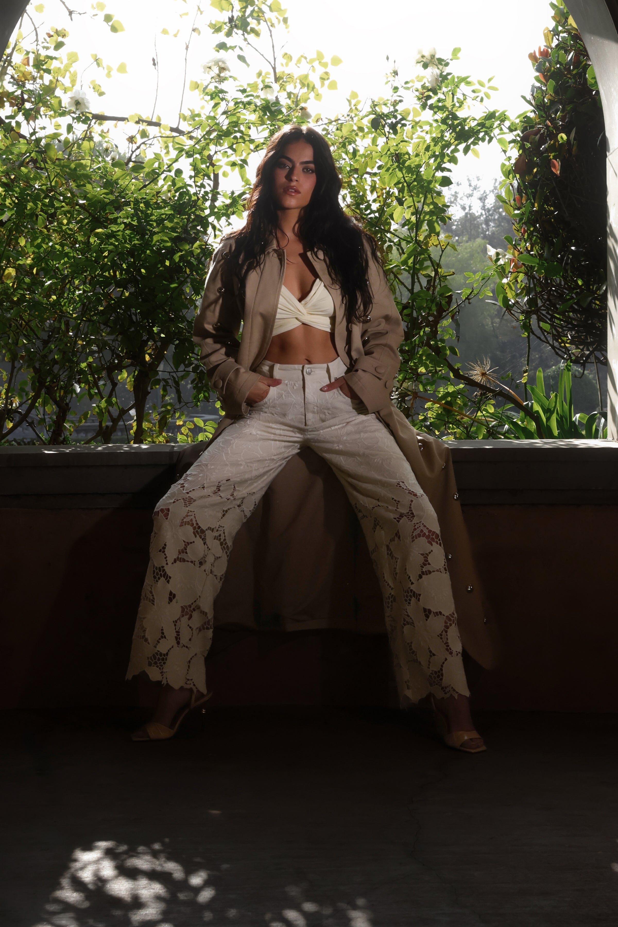 Floral guipure lace off-white wide-leg pants with beige trench coat - Shop women’s cute pants by Avec Les Filles