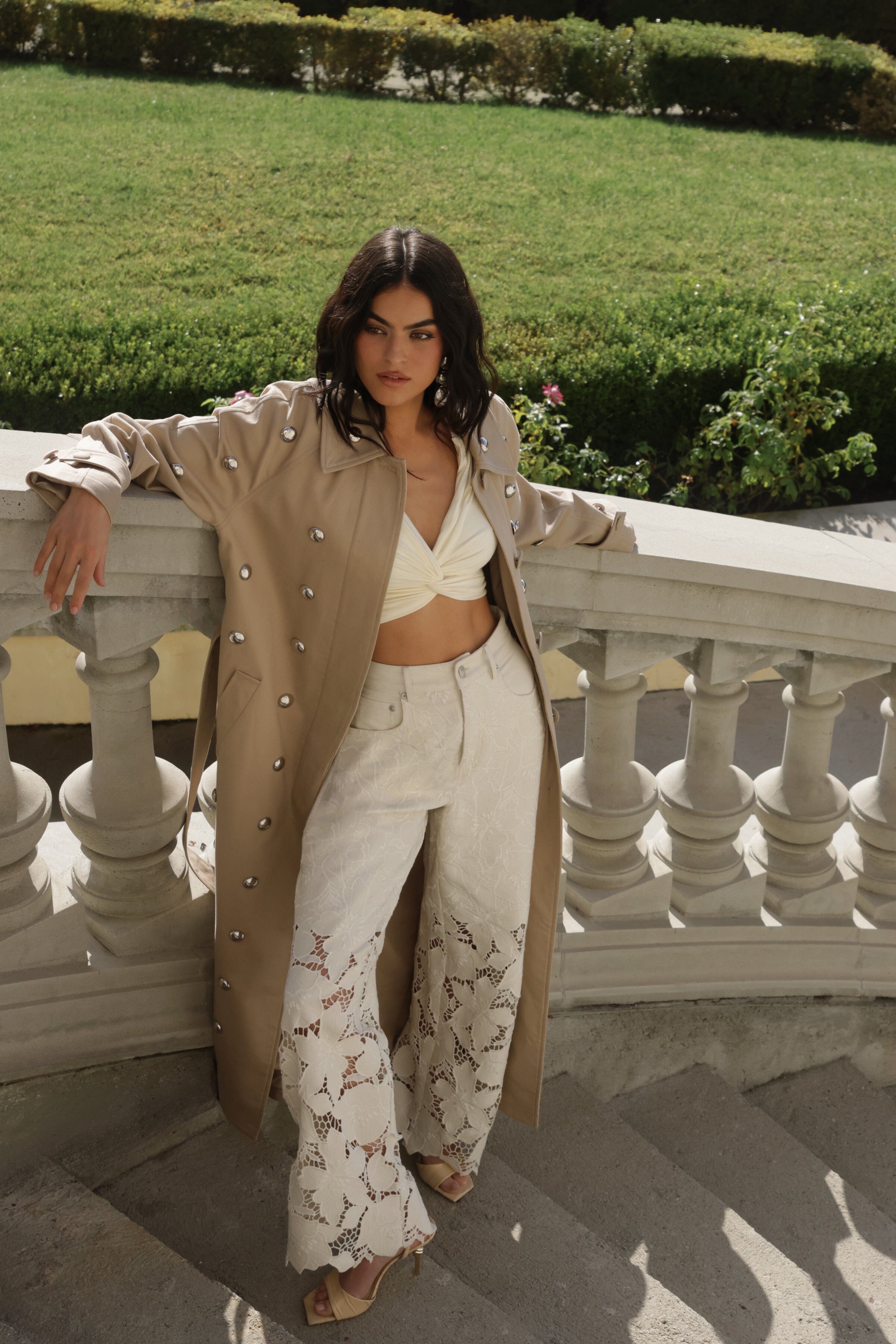 Floral guipure lace off-white wide-leg pants with long trench coat - Shop women’s cute pants by Avec Les Filles