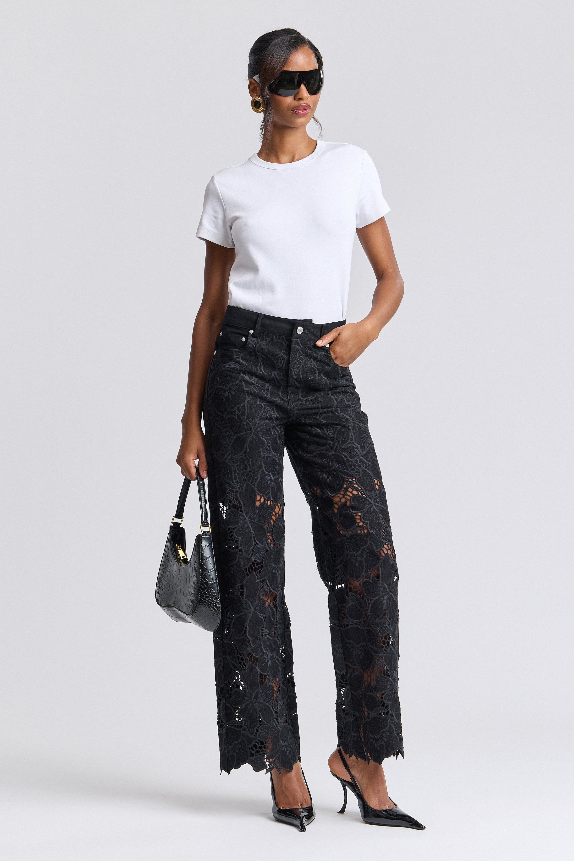 Guipure wide-leg black lace pants jeans in cotton with high-rise waist - Shop cute women’s pants by Avec Les Filles.