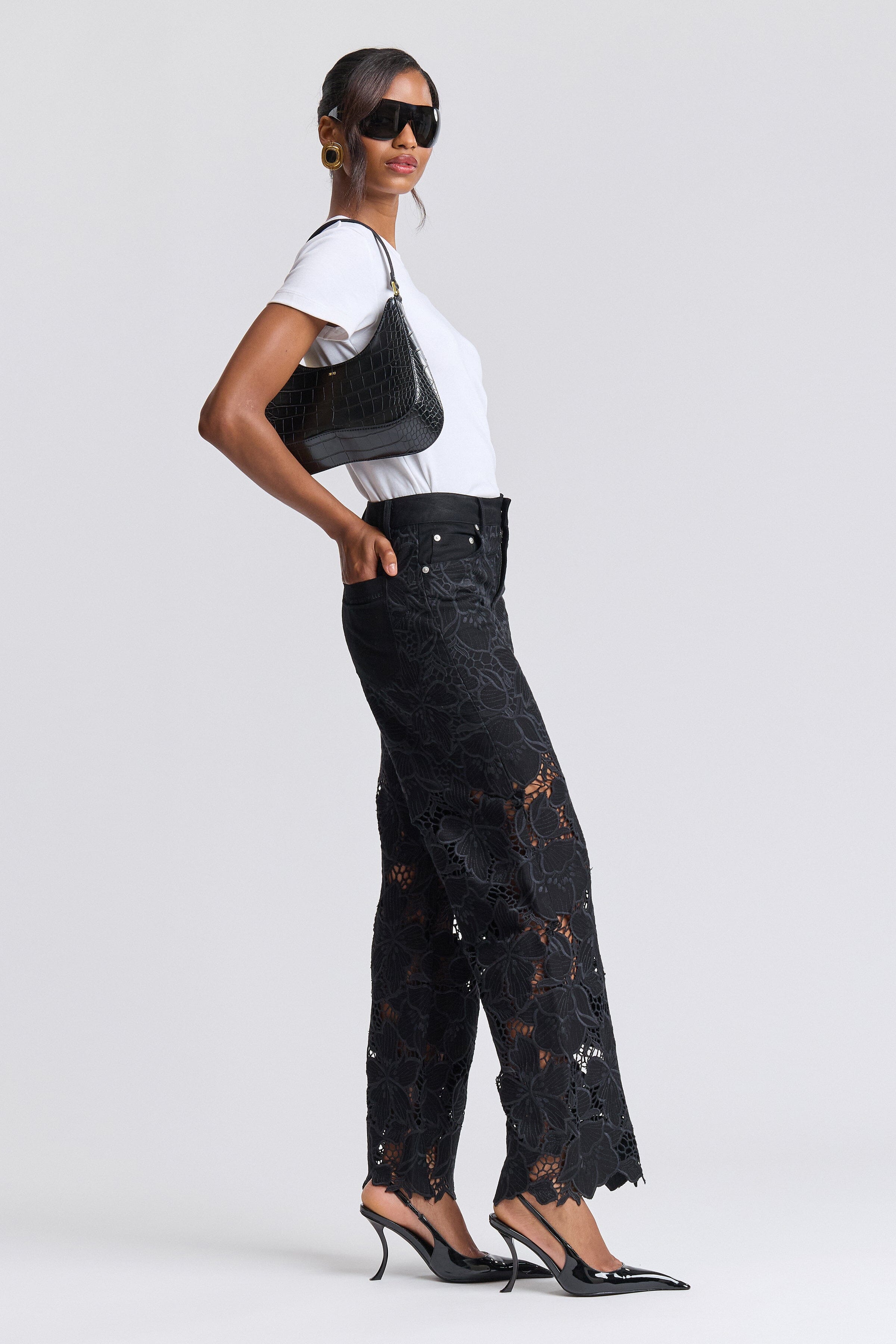 Guipure wide-leg black lace pants for women in 100% cotton with a high-rise waist - Shop cute pants by Avec Les Filles.