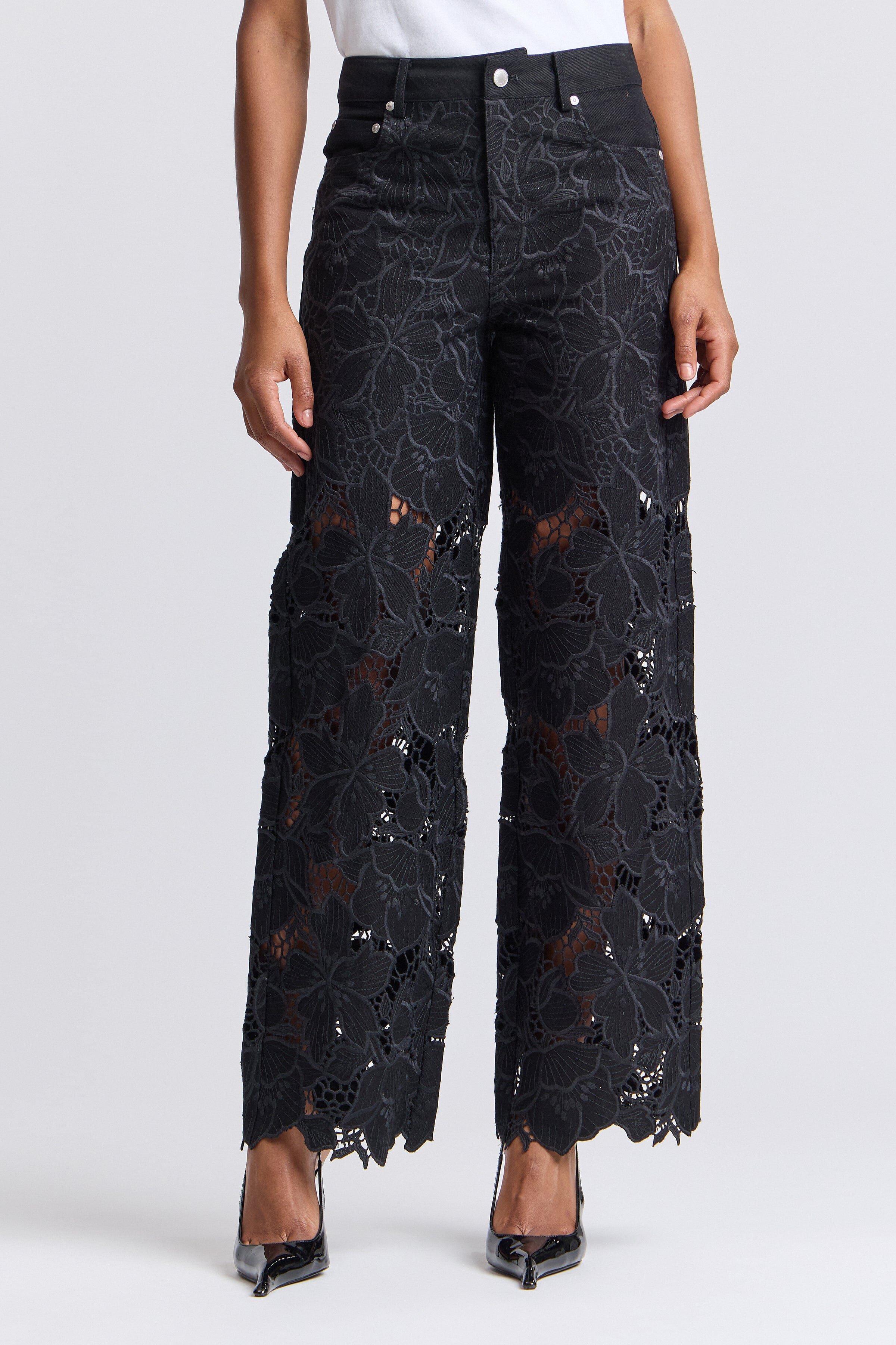 Guipure black wide leg pants jeans in cotton - Shop women’s designer pants by Avec Les Filles.