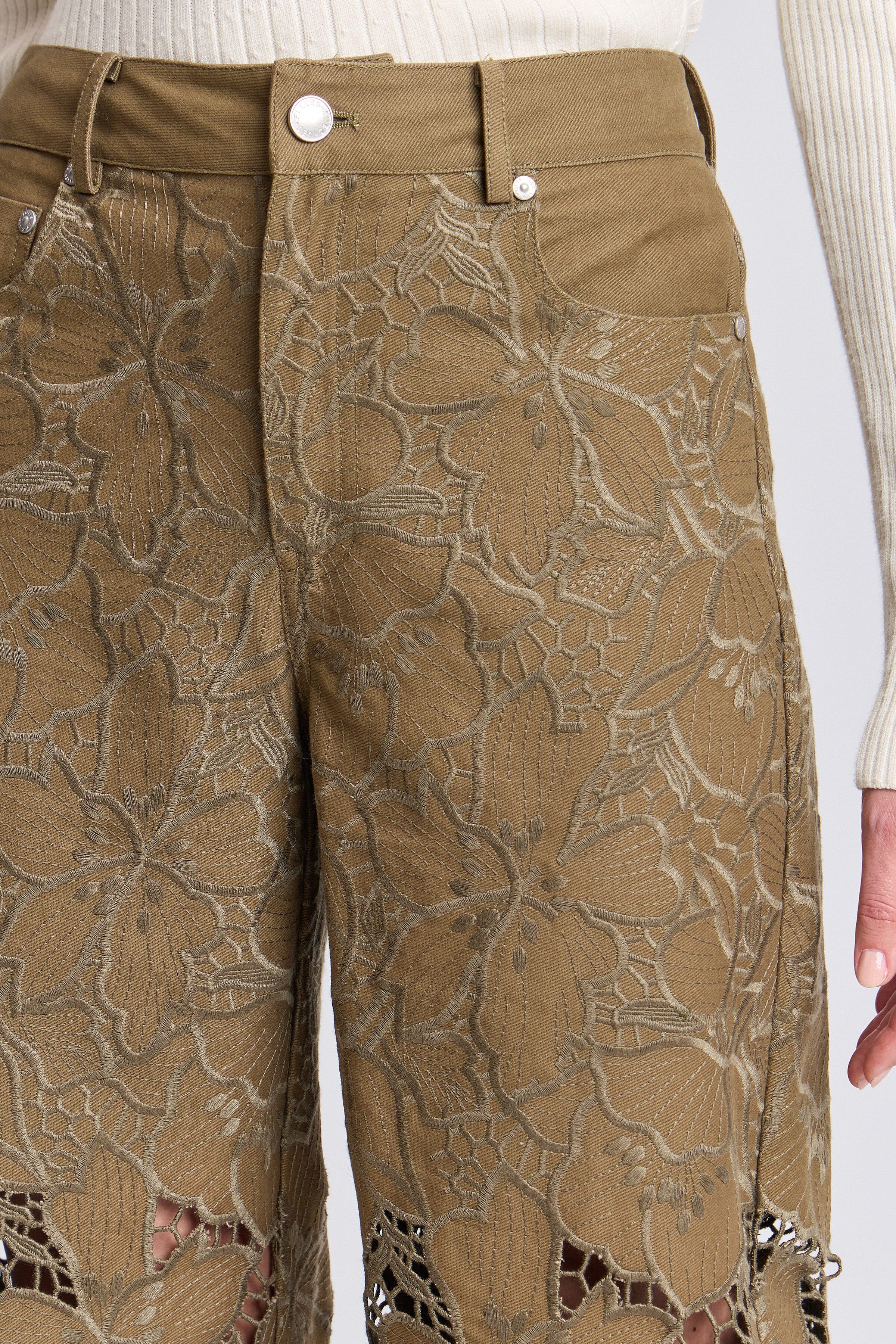 Guipure olive green embroidered wide leg pants in 100% cotton - Shop women’s designer pants by Avec Les Filles.