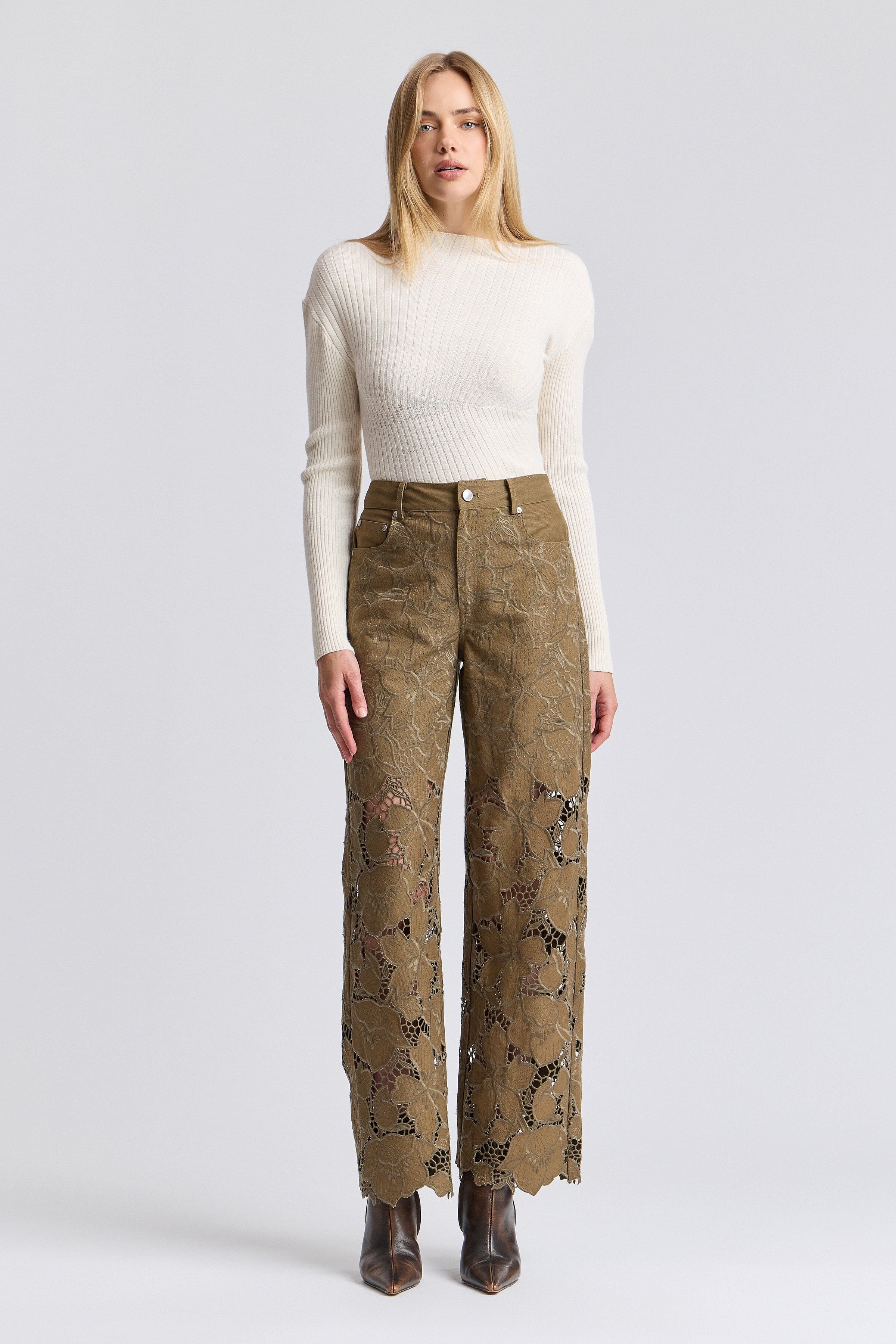 Guipure olive green embroidered wide leg lace pants women in cotton with high-rise waist - Shop cute pants by Avec Les Filles.