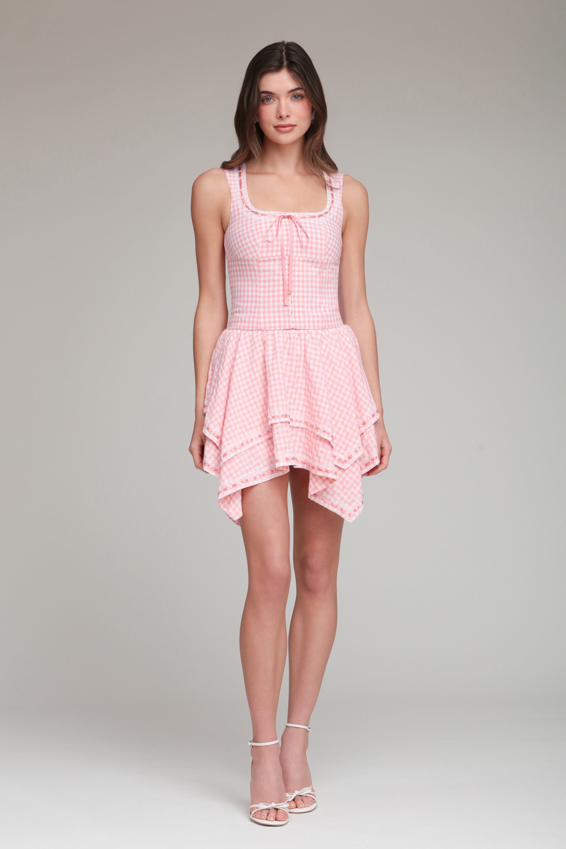 Cotton pink gingham top with adjustable spaghetti straps and pink mini skirt by Avec Les Filles