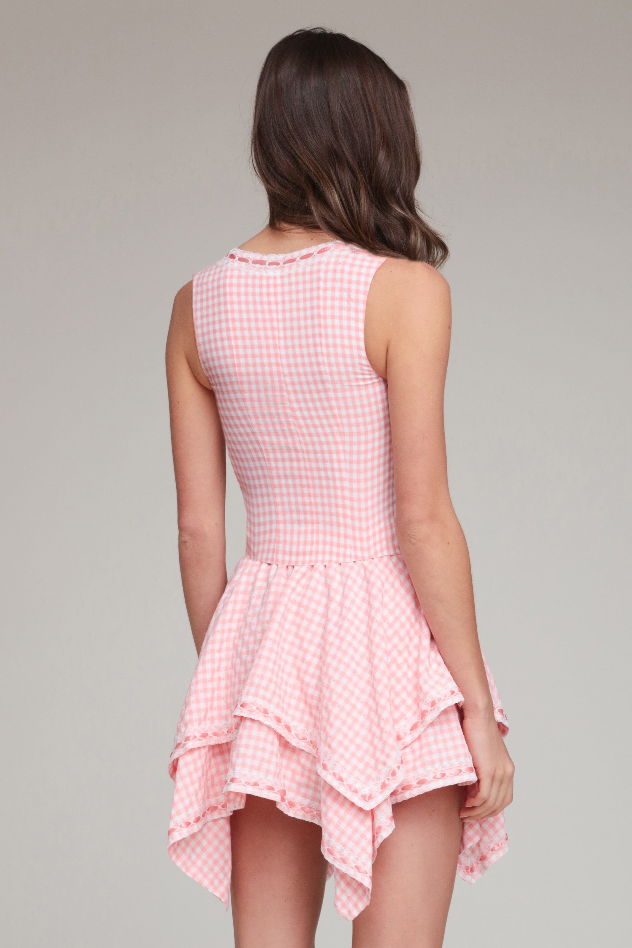 pink and white gingham cotton top with adjustable spaghetti straps and pink mini skirt by Avec Les Filles