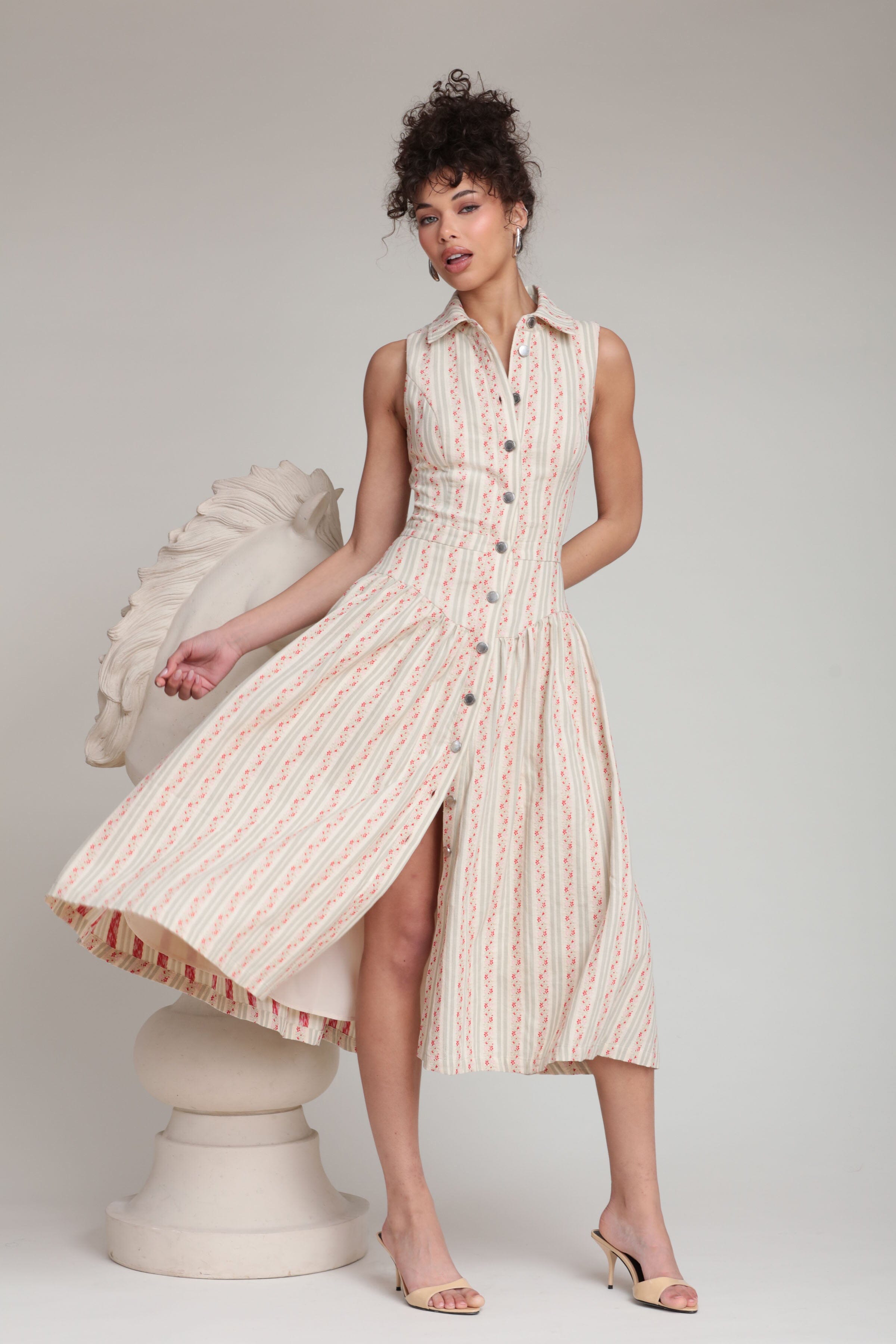 Floral Multicolor Stripe Cotton Midi Dress Floral Multicolor Stripe Cotton Midi Dress