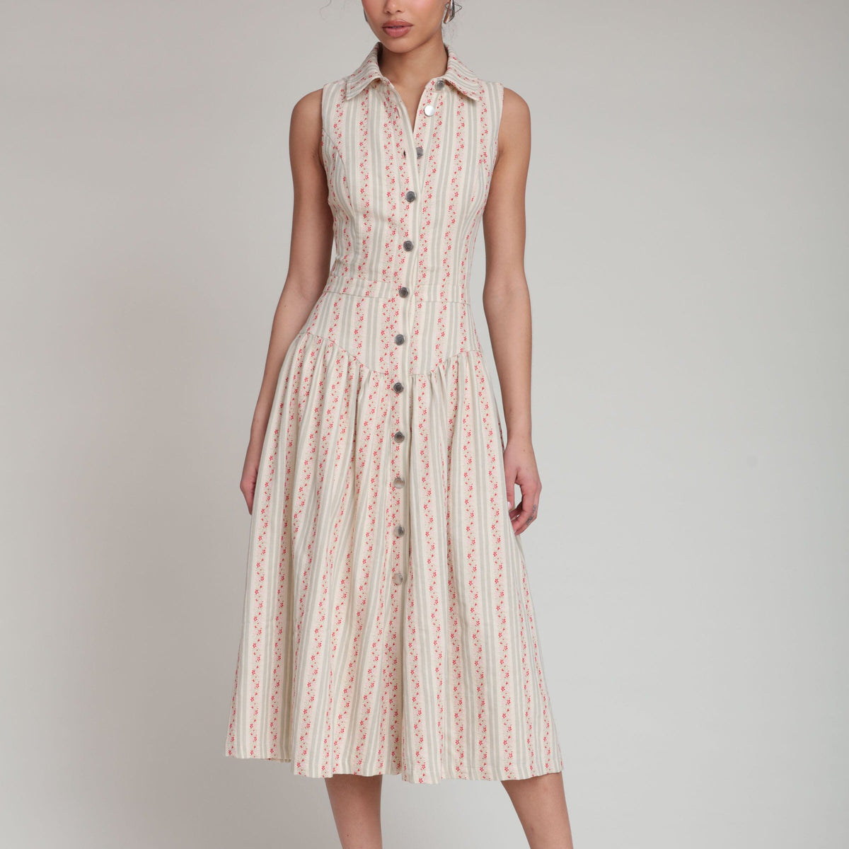 Floral Multicolor Stripe Cotton Midi Dress Floral Multicolor Stripe Cotton Midi Dress