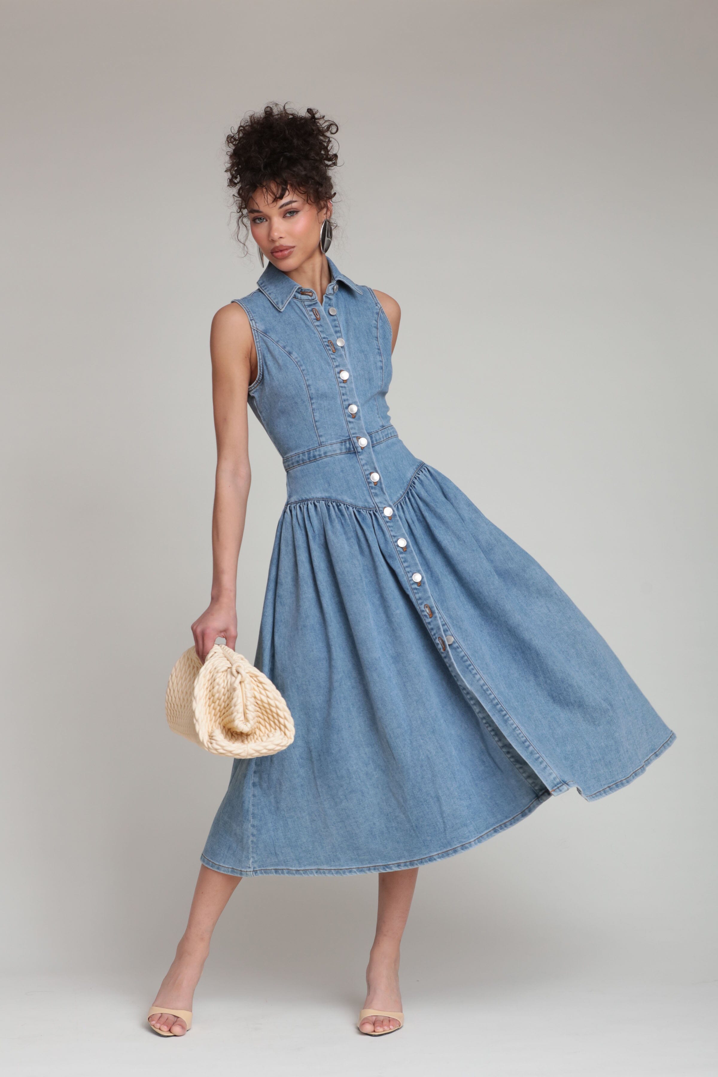 Drop waist blue sleeveless denim midi shirtdress with a button-front - women's cute midi dresses by Avec Les Filles