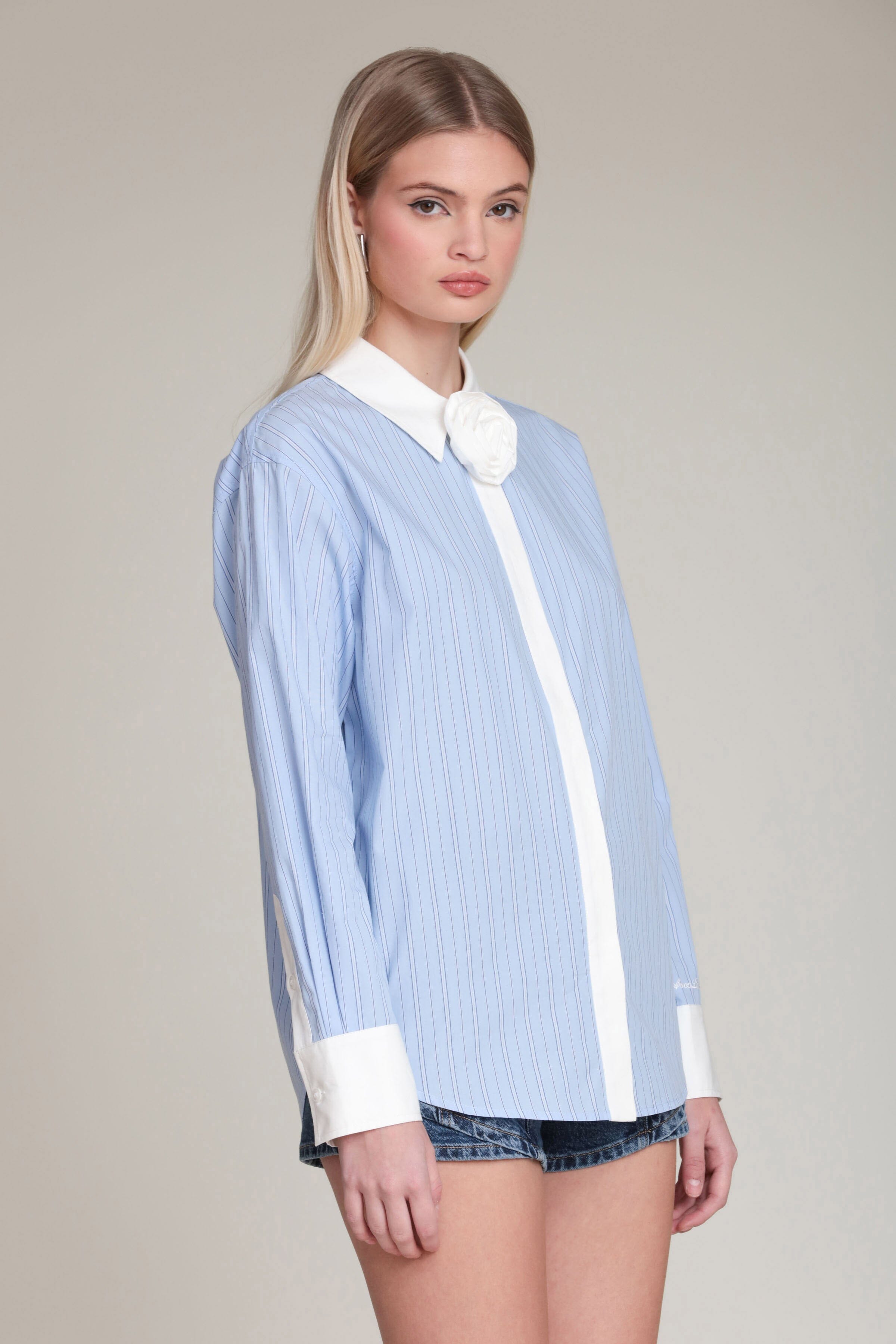 Rosette detail cotton contrast button-down blue & white stripe shirt - Shop women's designer shirts by Avec Les Filles