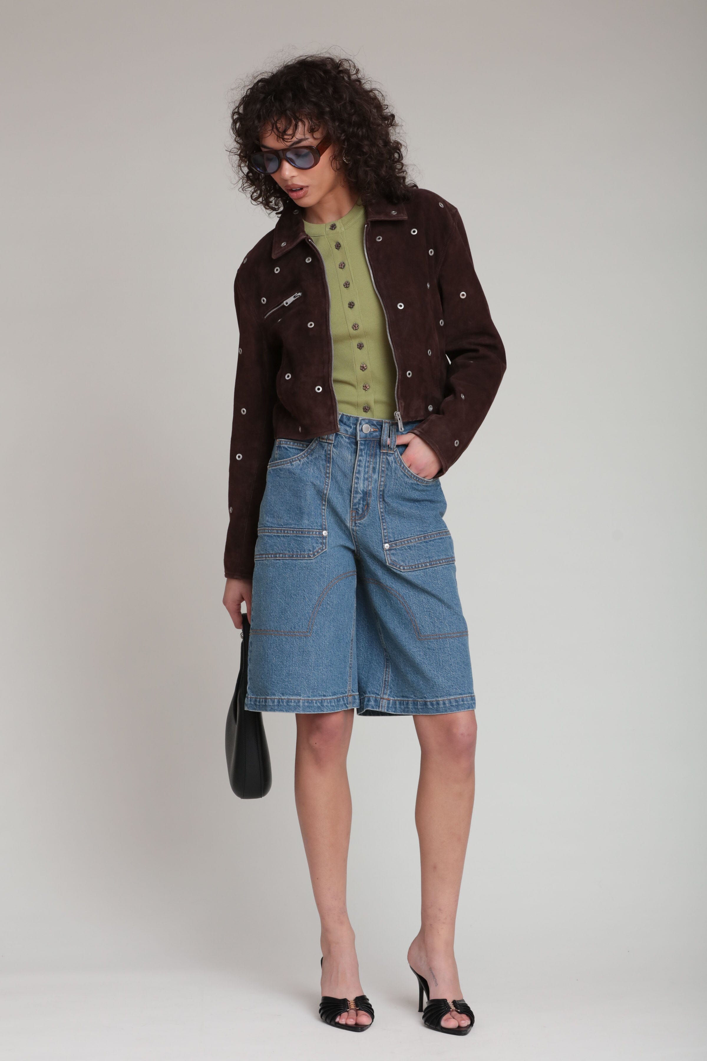 Genuine suede grommet-studded cropped dark brown jacket with a pointed collar and shoulder pads - Cute women's designer jackets by Avec Les Filles