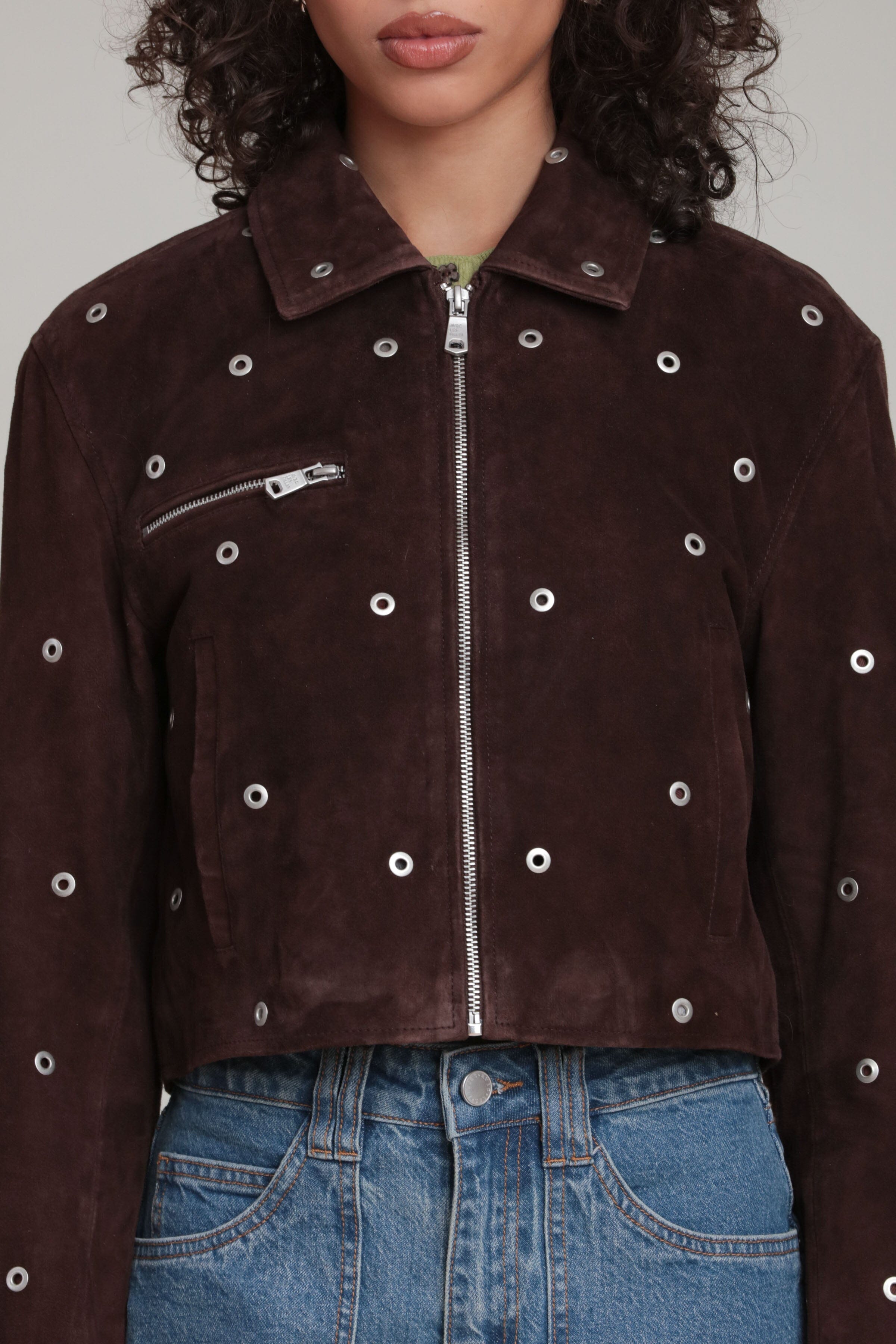 Genuine suede grommet-studded cropped dark brown jacket with a pointed collar and shoulder pads - Women's cute jackets by Avec Les Filles