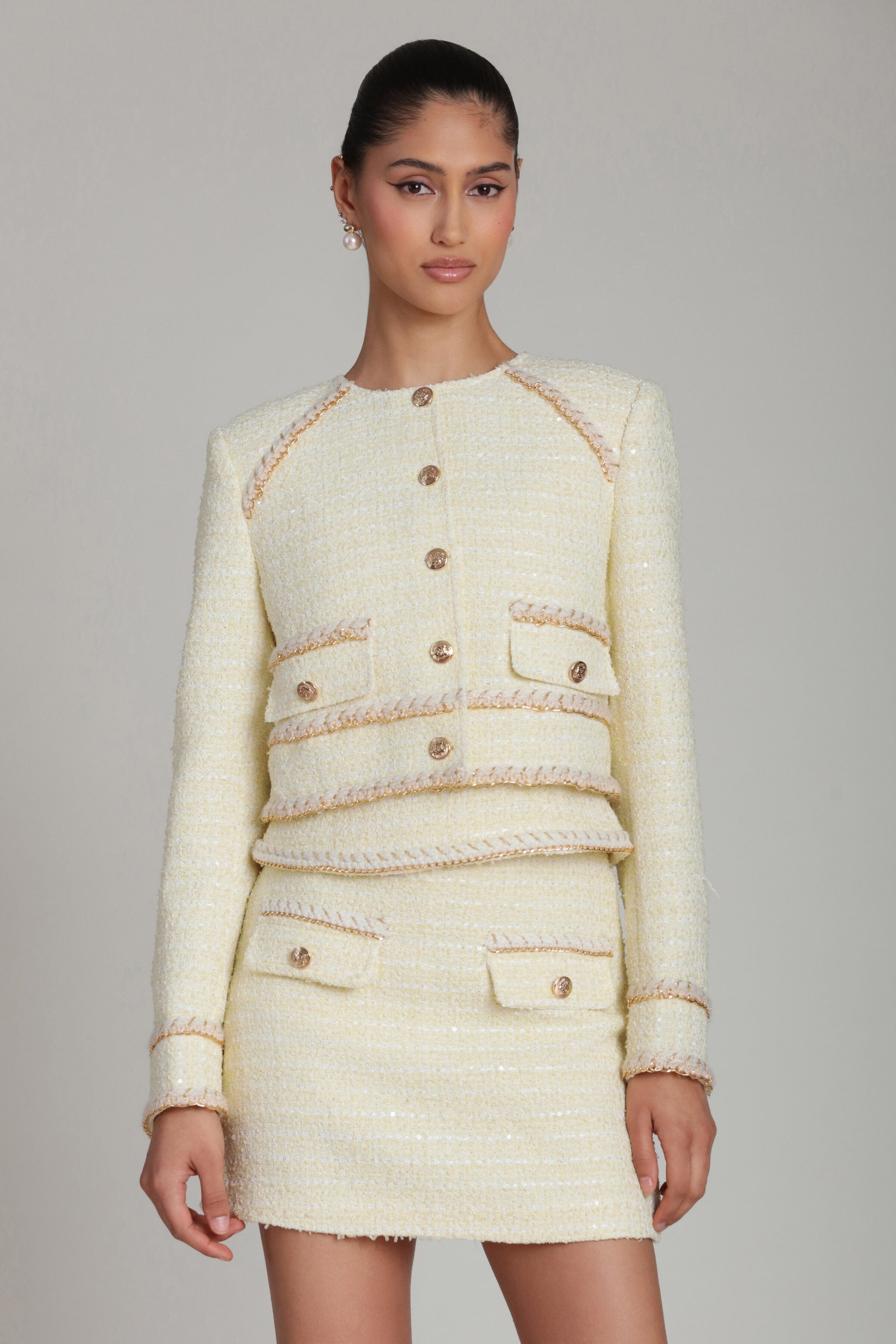 Light Yellow Chain Trim Tweed Jacket