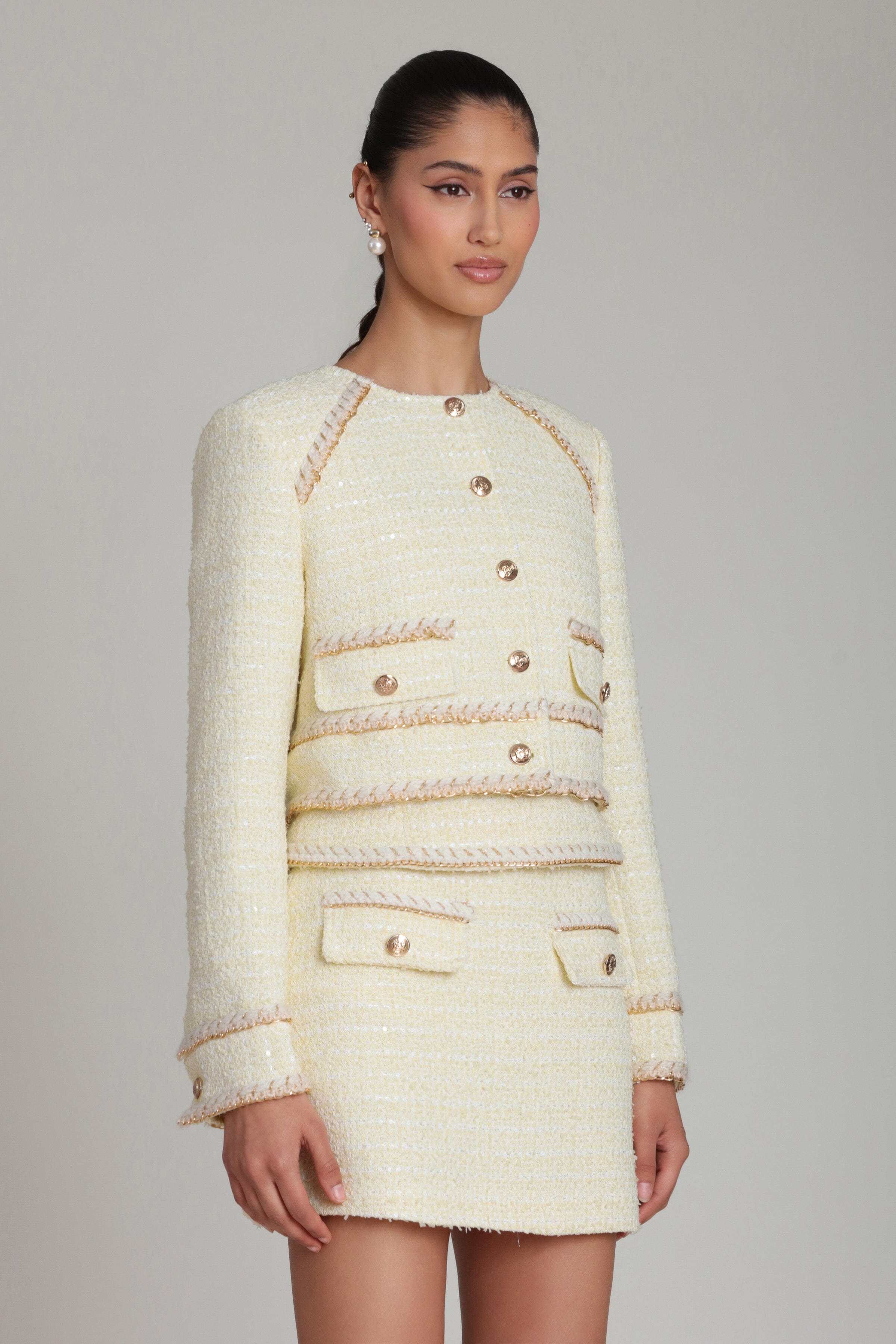 Light Yellow Chain Trim Tweed Jacket
