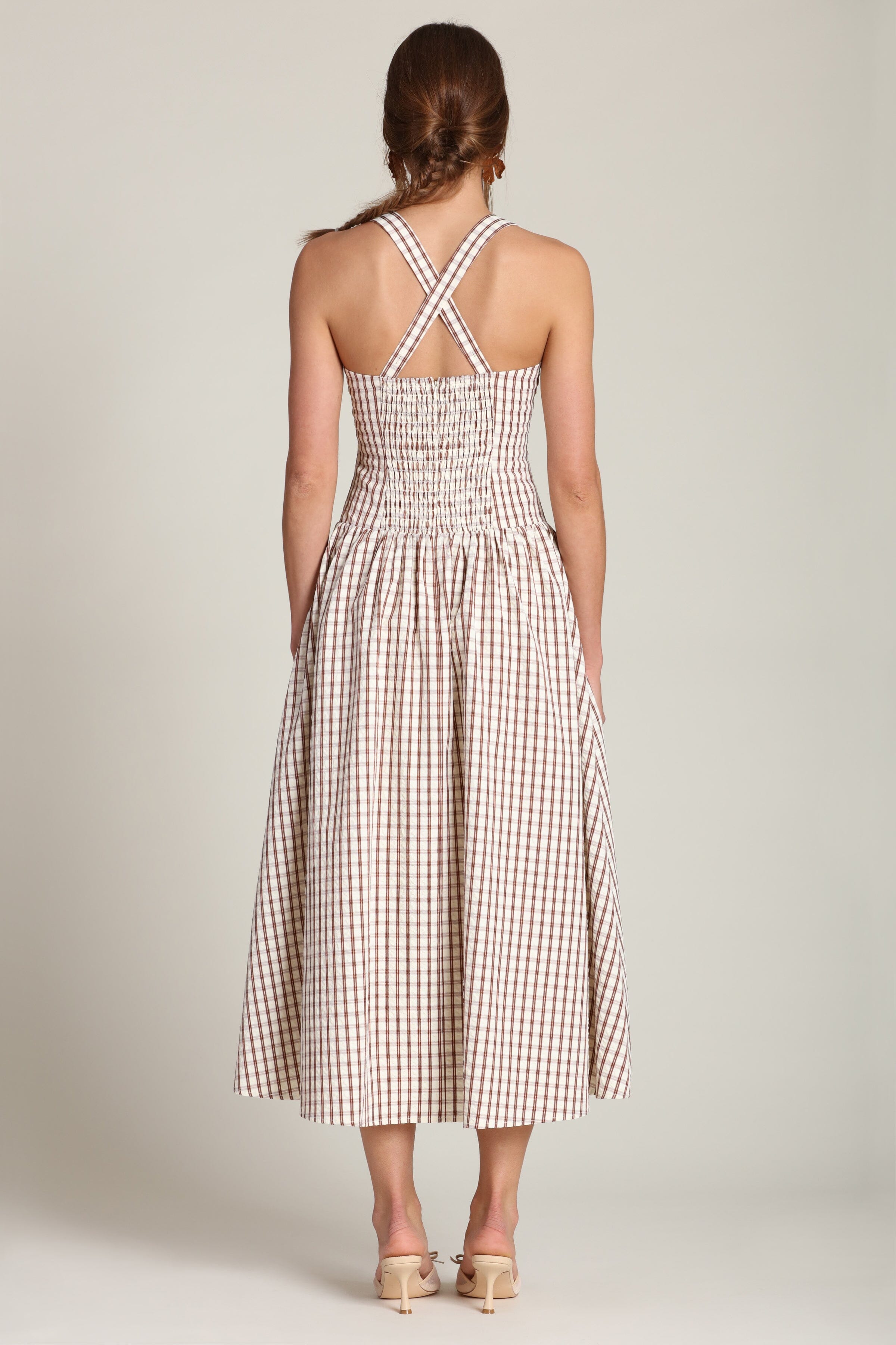 Gingham Drop-Waist Cream Midi Dress Gingham Drop-Waist Cream Midi Dress