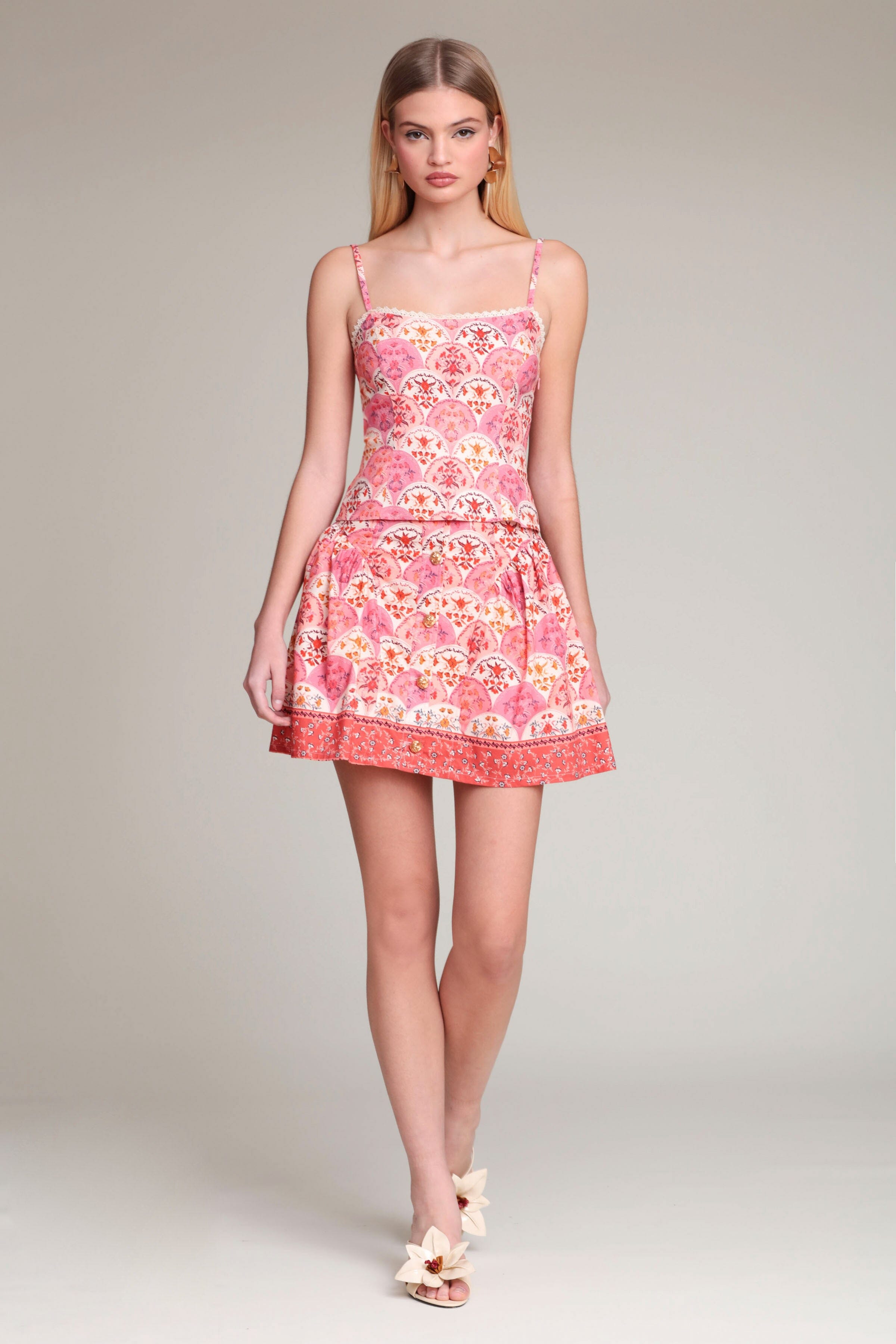 Floral pink cami tank top and belted mini skirt - Cute women's cami tank tops & mini skirts by Avec Les Filles